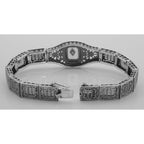 Back view of Art Deco Style 3 Stone Camphor Glass and Diamond Filigree Link Bracelet Sterling showing 925 sterling silver hal