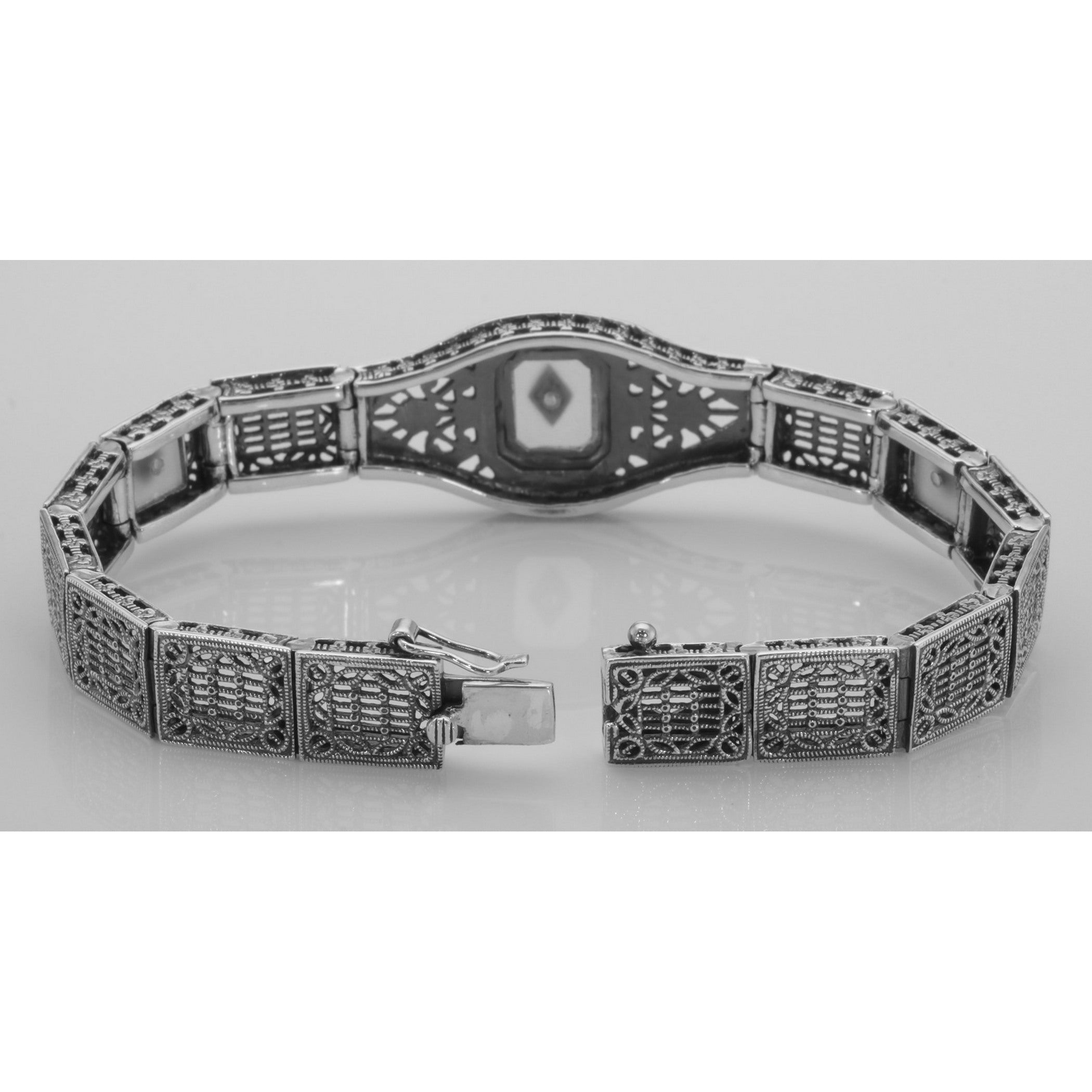 Back view of Art Deco Style 3 Stone Camphor Glass and Diamond Filigree Link Bracelet Sterling showing 925 sterling silver hal