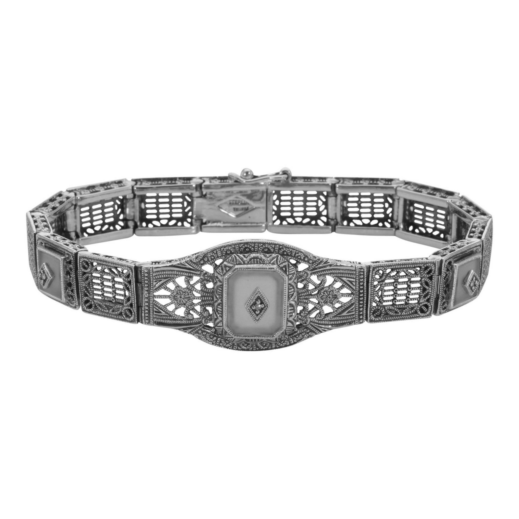 Art Deco style, Diamond, Camphor Glass, sterling silver bracelets, front view