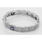 Detail view of Art Deco Style 3 Stone Blue Lapis and Diamond Filigree Link Bracelet Sterling highlighting Diamond, Lapis