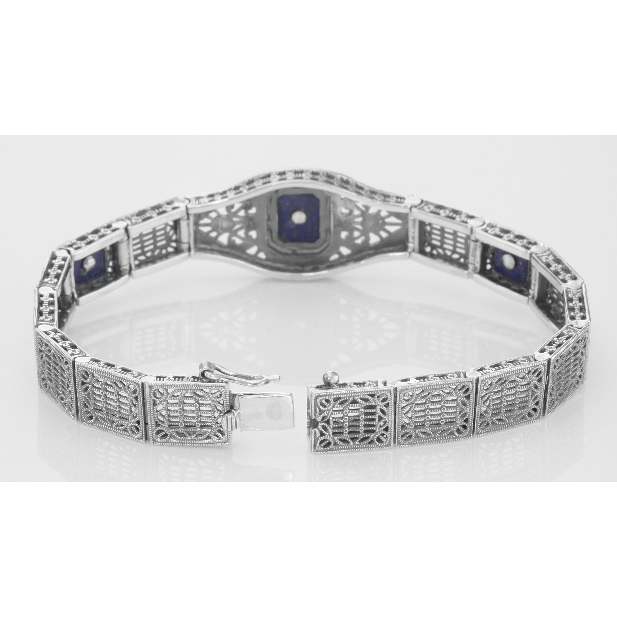 Back view of Art Deco Style 3 Stone Blue Lapis and Diamond Filigree Link Bracelet Sterling showing 925 sterling silver hallma