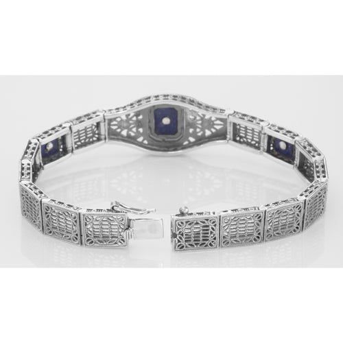 Back view of Art Deco Style 3 Stone Blue Lapis and Diamond Filigree Link Bracelet Sterling showing 925 sterling silver hallma