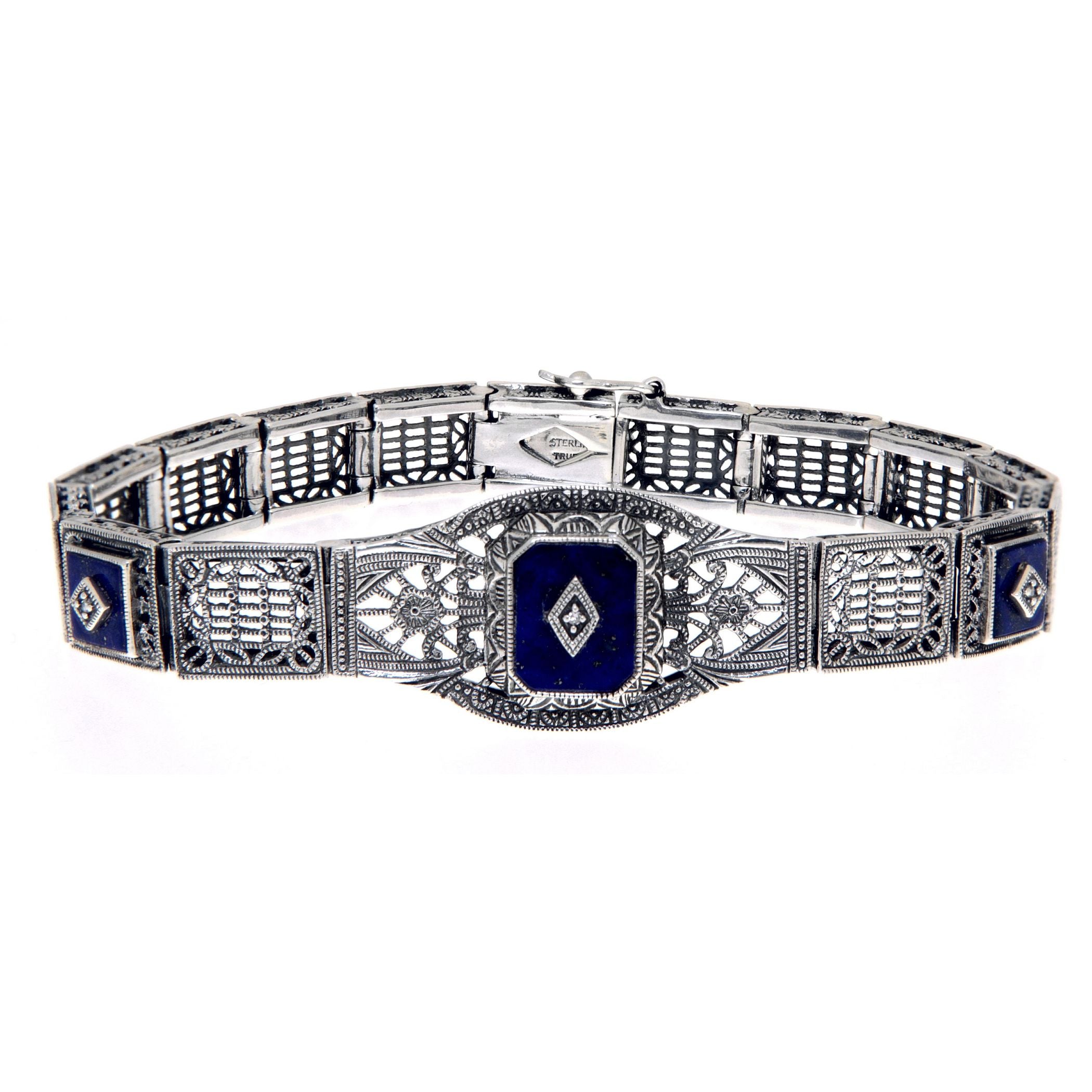 Art Deco style, Diamond, Lapis, sterling silver bracelets, front view