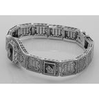 Detail view of Art Deco Style 3 Stone Black Onyx and Diamond Filigree Link Bracelet Sterling highlighting Diamond, Black Onyx