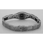 Detail view of Art Deco Style 3 Stone Black Onyx and Diamond Filigree Link Bracelet Sterling highlighting Diamond, Black Onyx