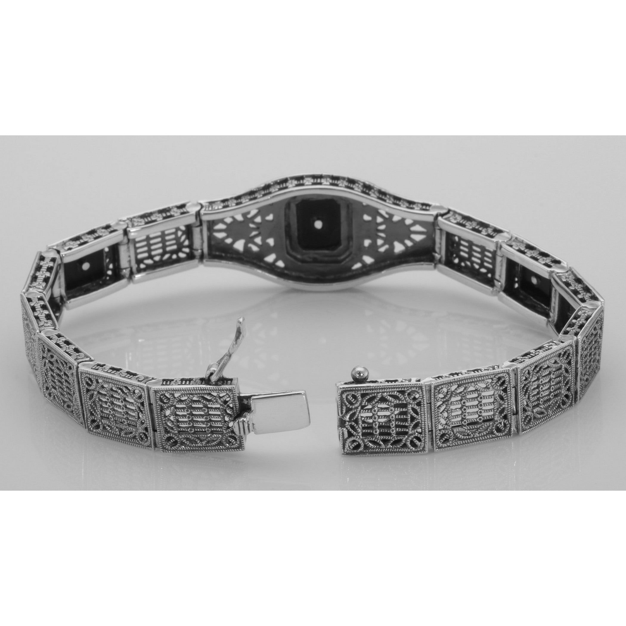Back view of Art Deco Style 3 Stone Black Onyx and Diamond Filigree Link Bracelet Sterling showing 925 sterling silver hallma