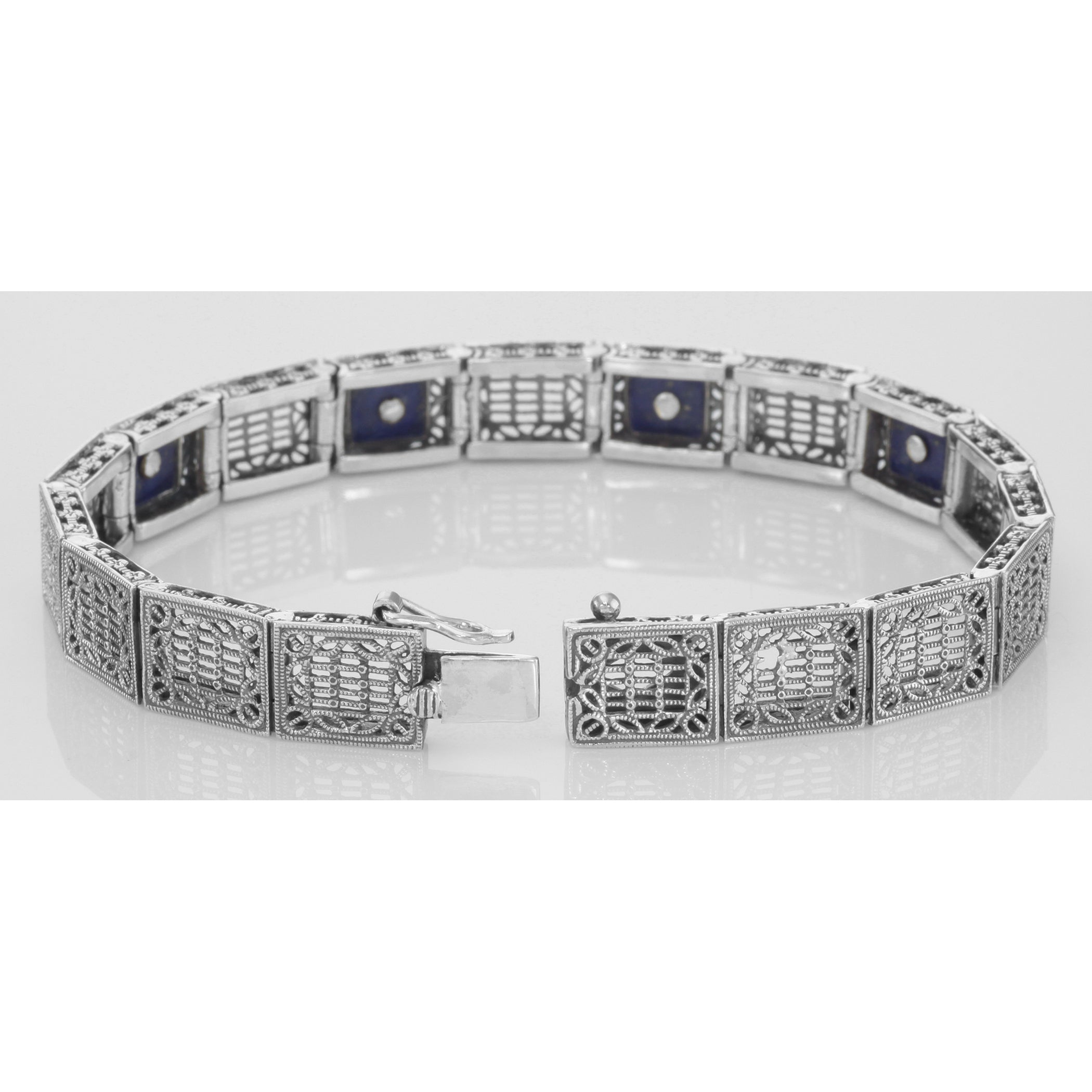 Back view of Art Deco Style Filigree Link Bracelet Blue Lapis Diamonds showing 925 sterling silver hallmark and toggle or lob