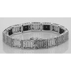 Detail view of Art Deco Style Filigree Link Bracelet Black Onyx and Diamonds highlighting Diamond, Black Onyx