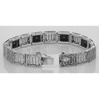 Back view of Art Deco Style Filigree Link Bracelet Black Onyx and Diamonds showing 925 sterling silver hallmark and toggle or