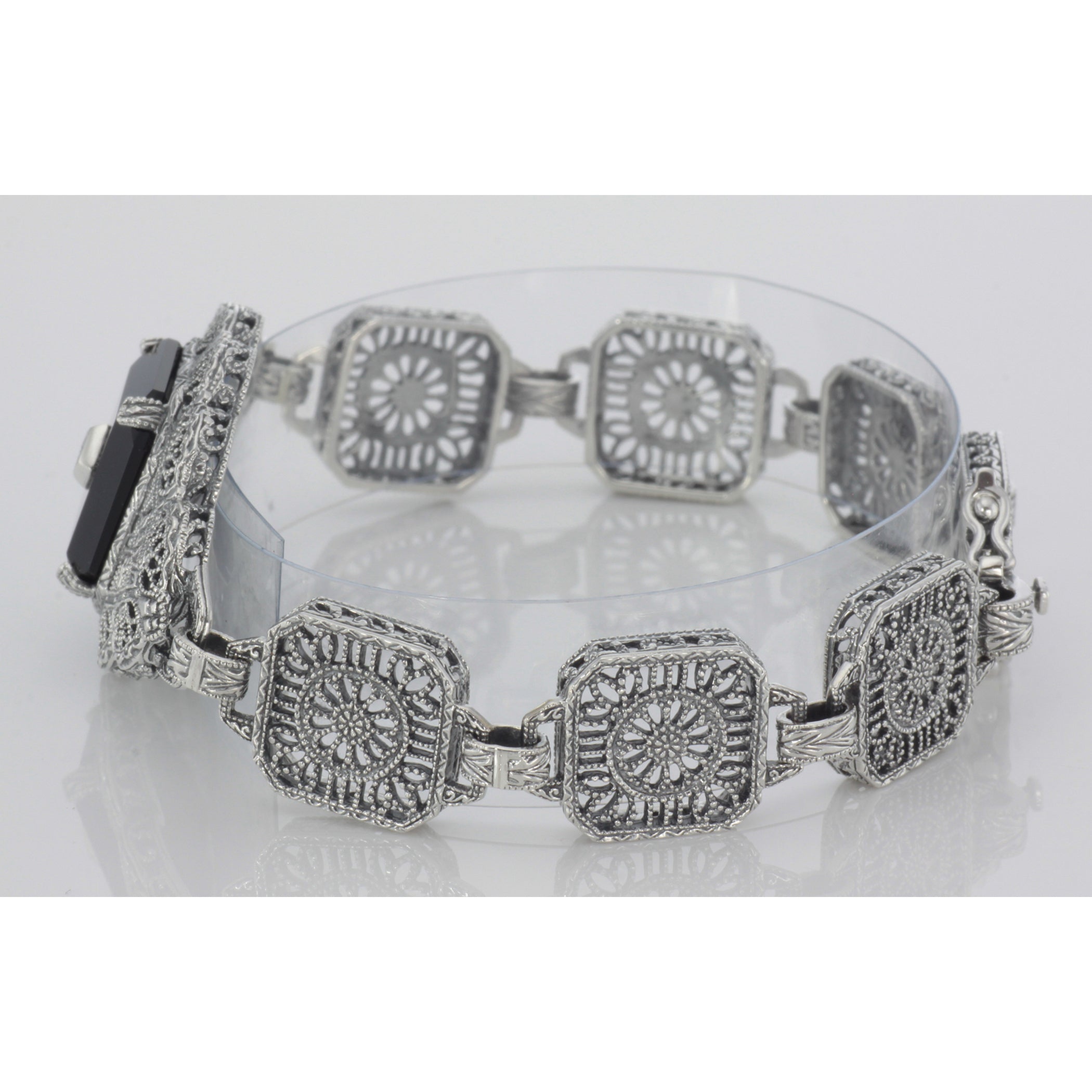 Detail view of Black Spinel and Diamond Victorian Style Filigree Bracelet Sterling Silver highlighting Diamond