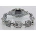 Detail view of Black Spinel and Diamond Victorian Style Filigree Bracelet Sterling Silver highlighting Diamond