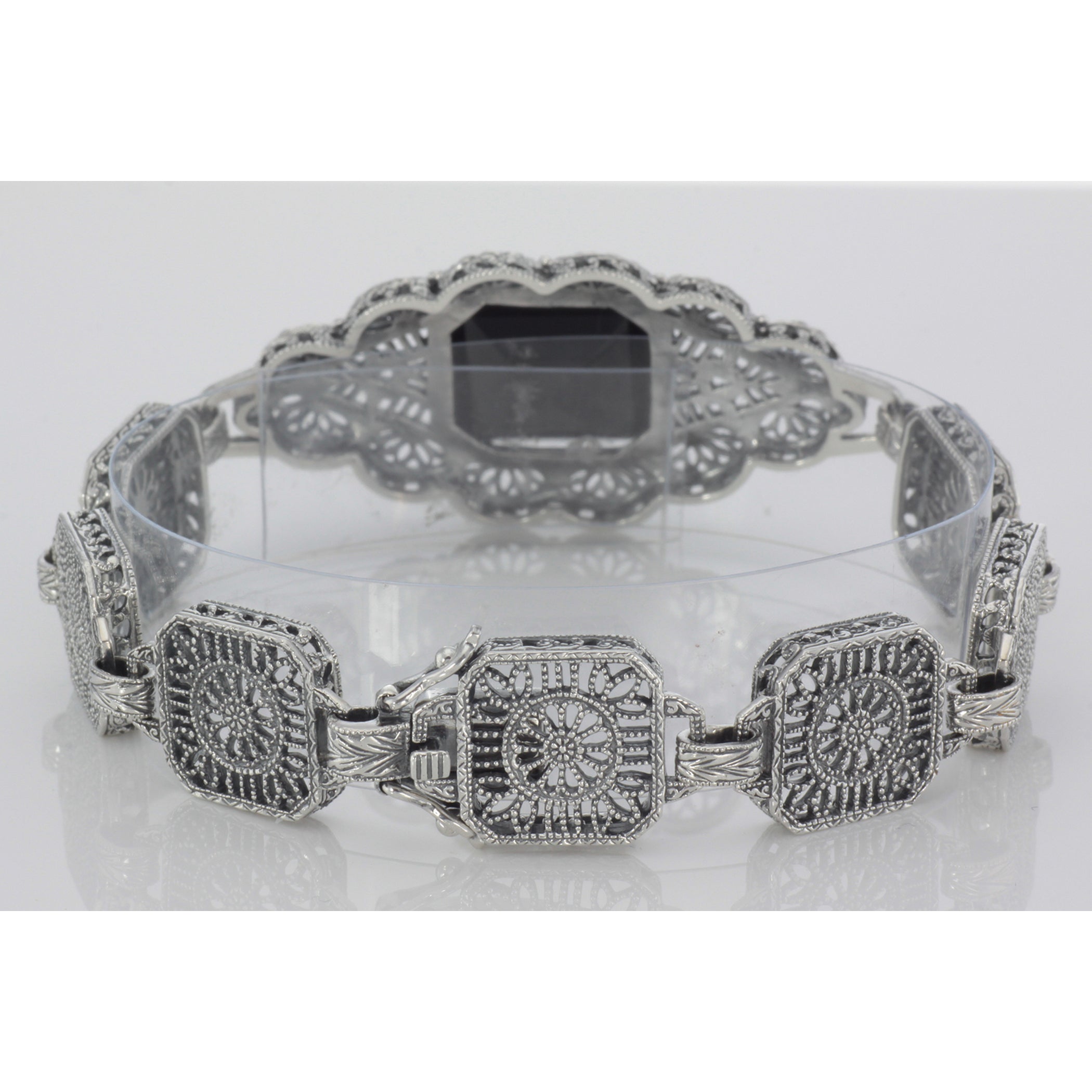 Detail view of Black Spinel and Diamond Victorian Style Filigree Bracelet Sterling Silver highlighting Diamond