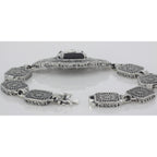 Back view of Black Spinel and Diamond Victorian Style Filigree Bracelet Sterling Silver showing 925 sterling silver hallmark 