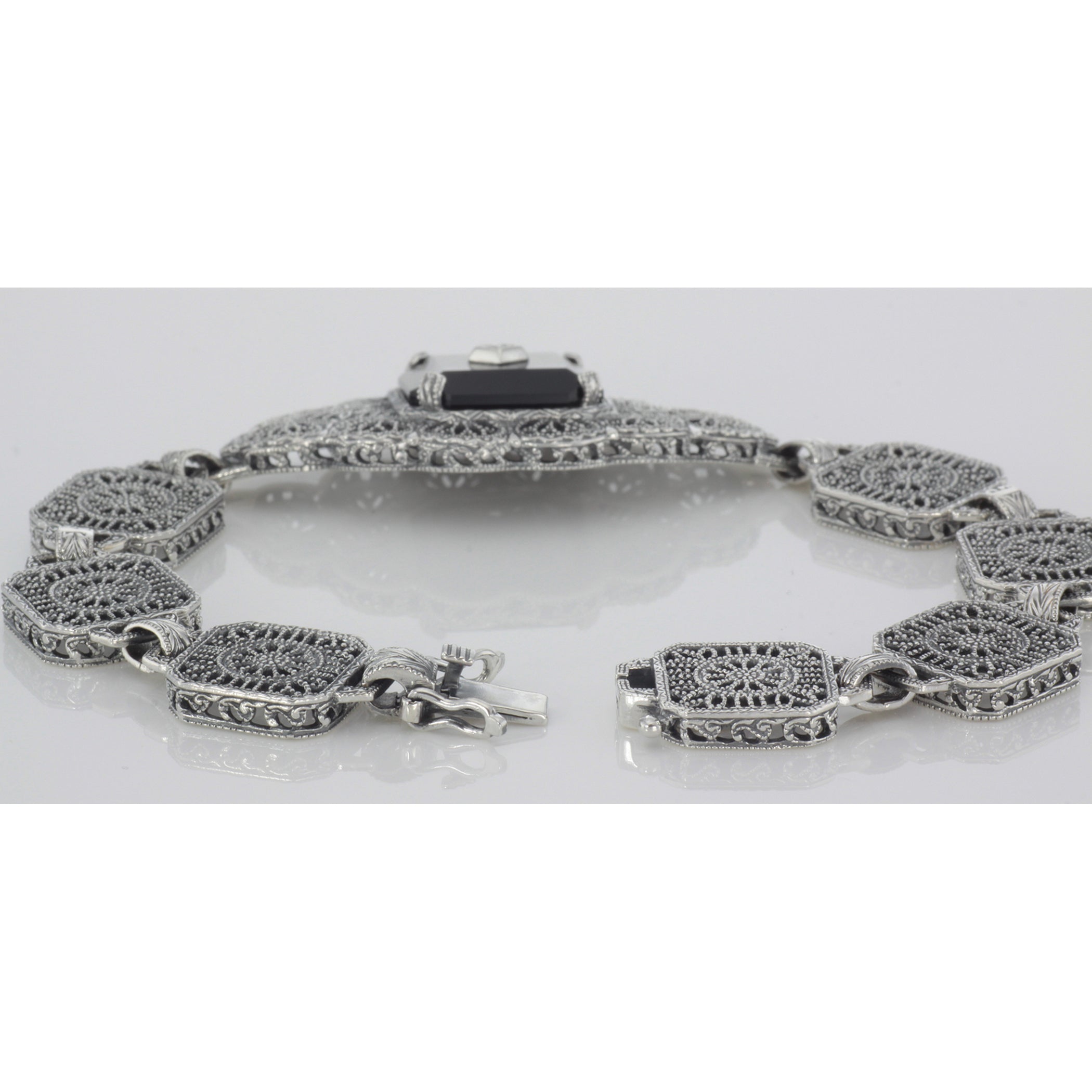 Back view of Black Spinel and Diamond Victorian Style Filigree Bracelet Sterling Silver showing 925 sterling silver hallmark 