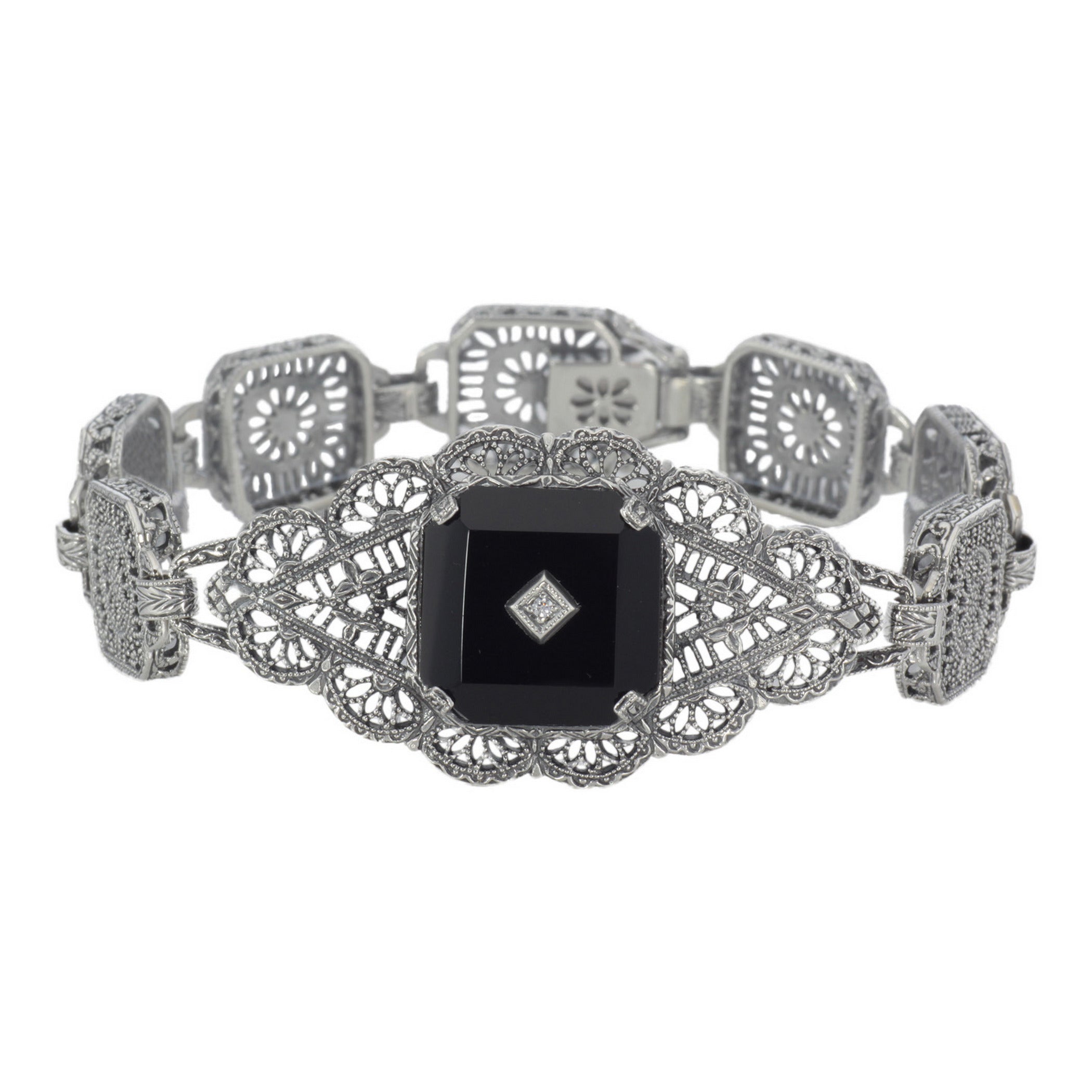 Victorian style, Diamond, sterling silver bracelets, front view