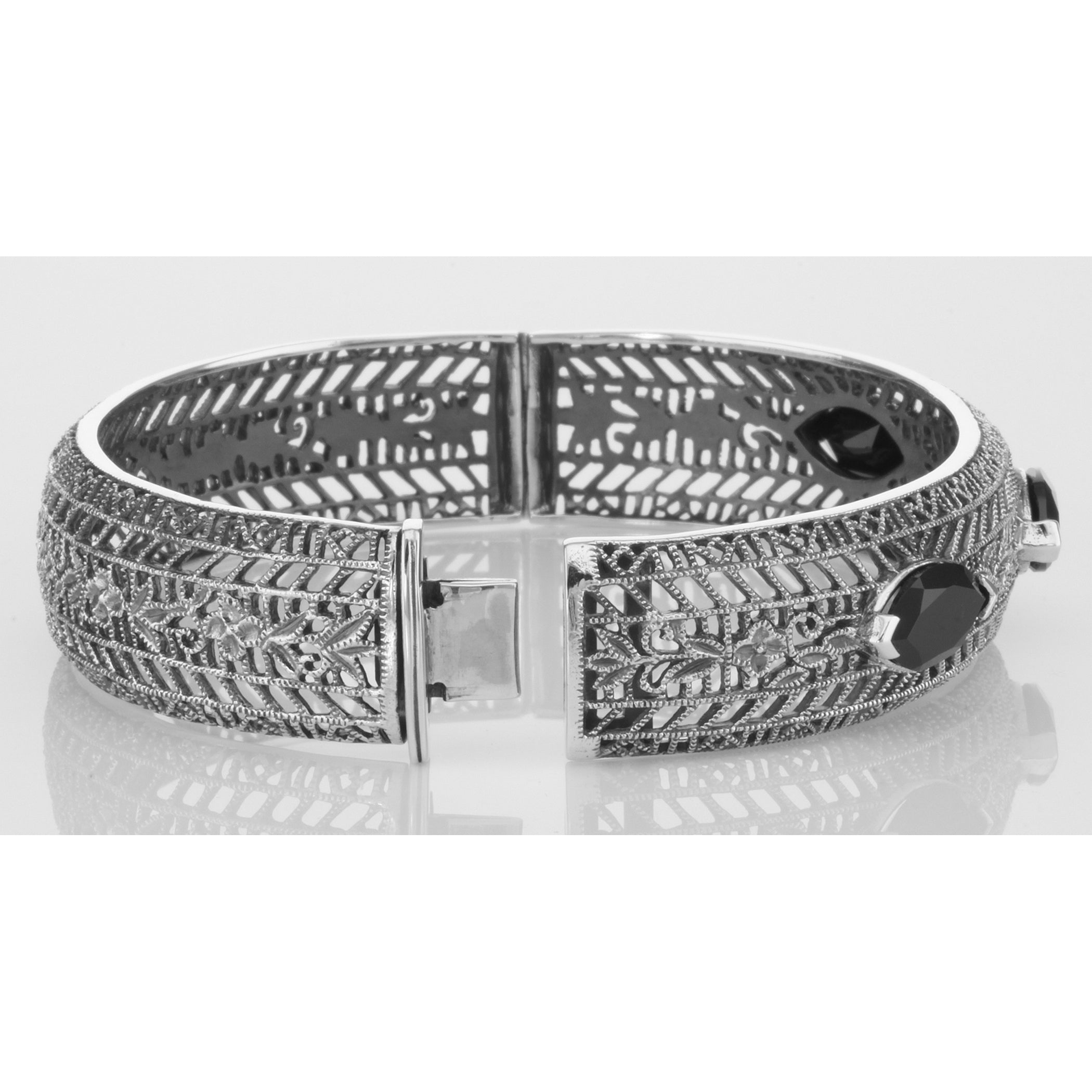 Back view of Art Deco Style Filigree Bangle Bracelet Black Oynx Sterling Silver showing 925 sterling silver hallmark and togg