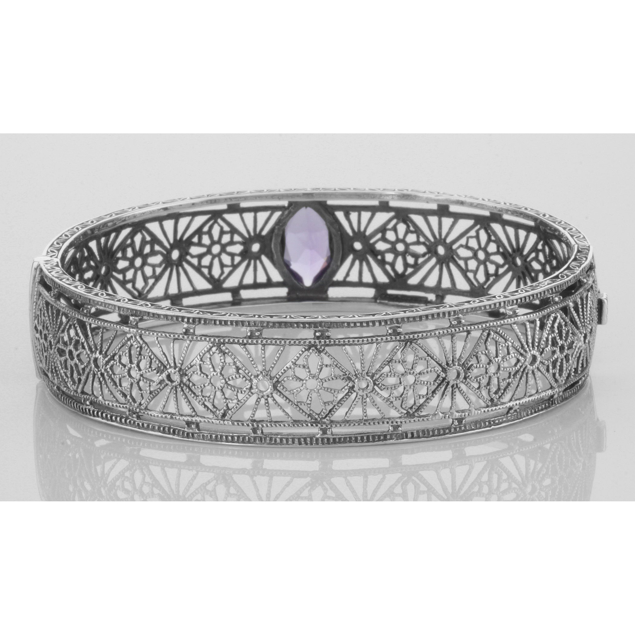 Detail view of Victorian Style Filigree Amethyst Bangle Bracelet In Fine Sterling Silver highlighting Amethyst
