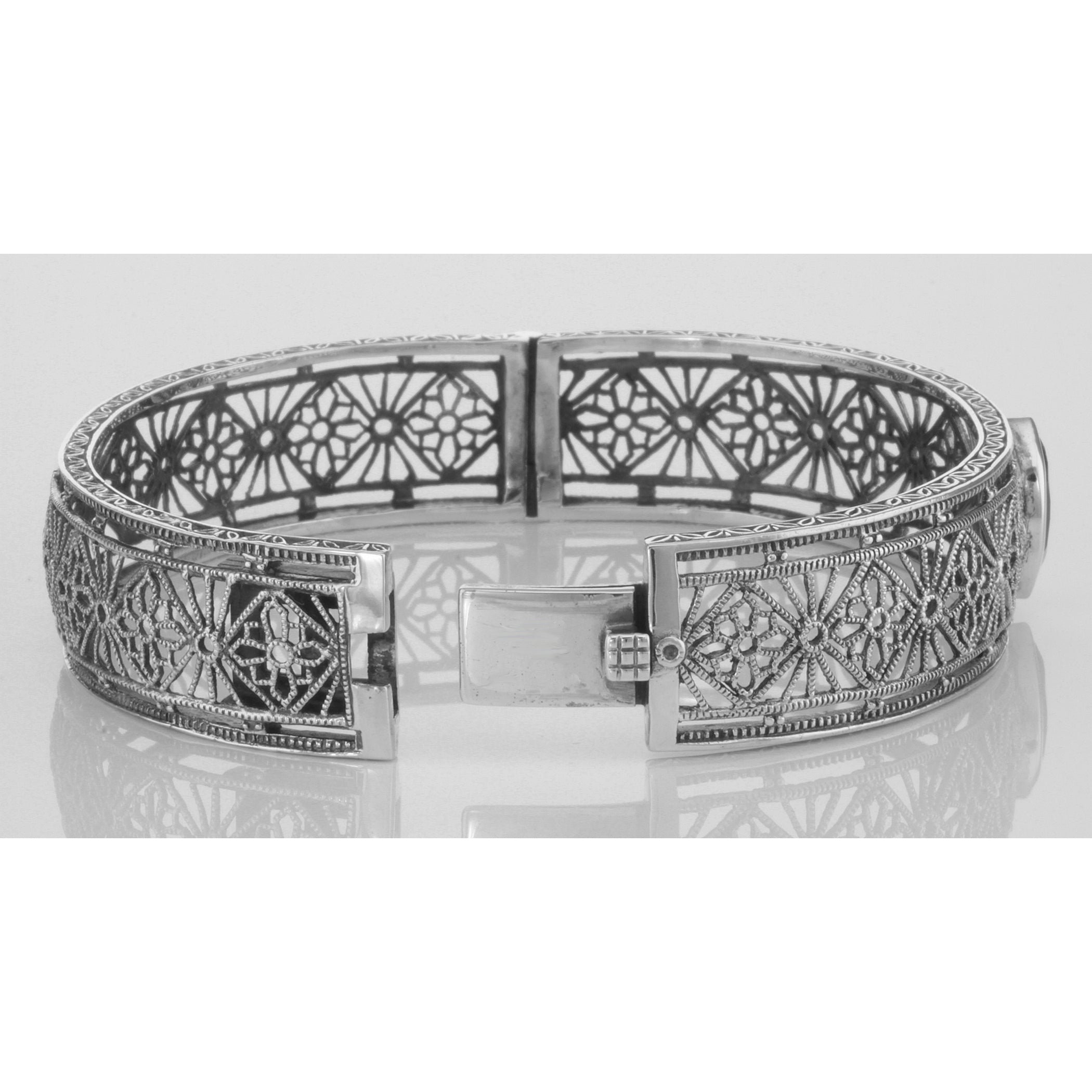 Back view of Victorian Style Filigree Amethyst Bangle Bracelet In Fine Sterling Silver showing 925 sterling silver hallmark a