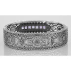 Detail view of Art Deco Style Amethyst and Diamond Filigree Bangle Sterling Silver highlighting Amethyst, Diamond