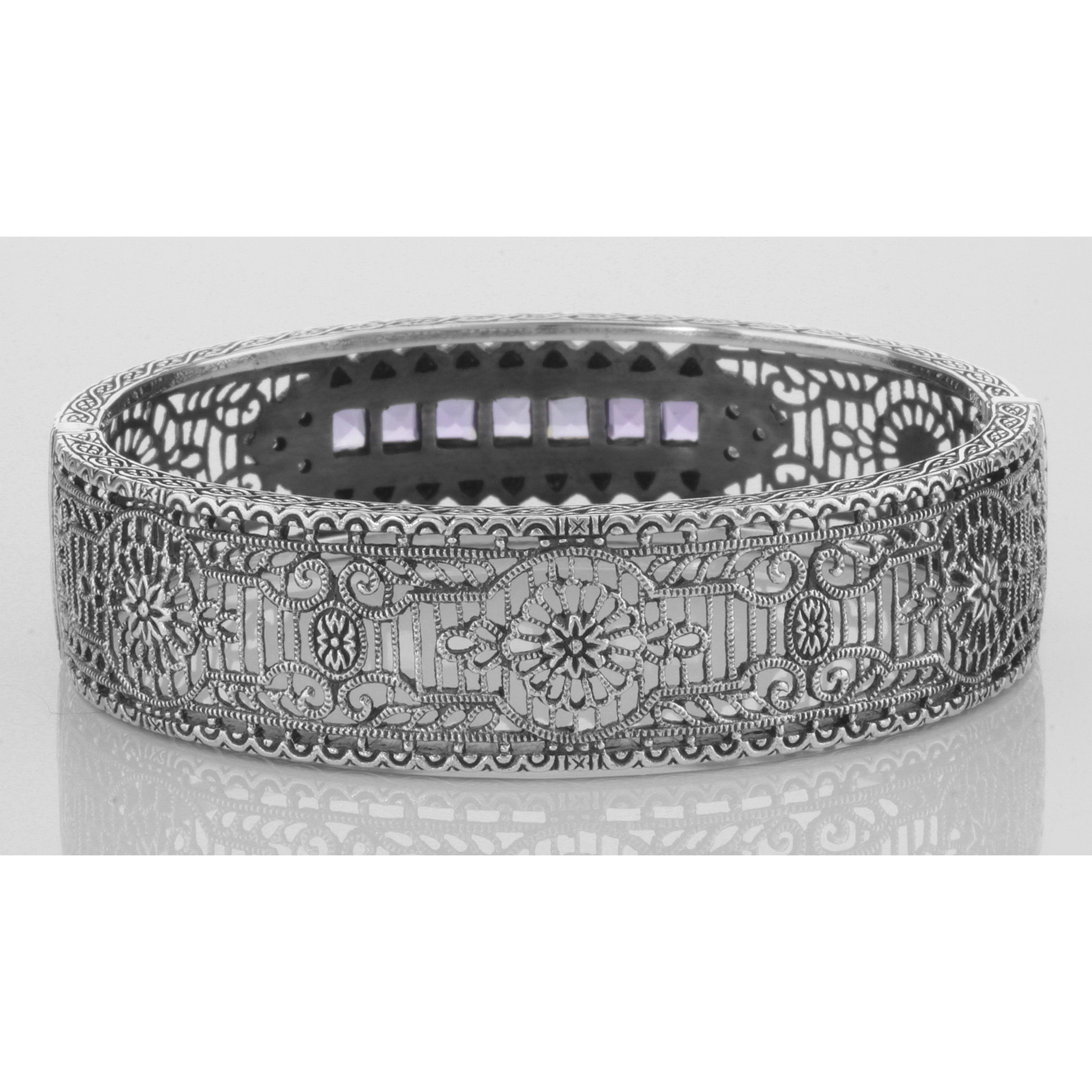 Detail view of Art Deco Style Amethyst and Diamond Filigree Bangle Sterling Silver highlighting Amethyst, Diamond