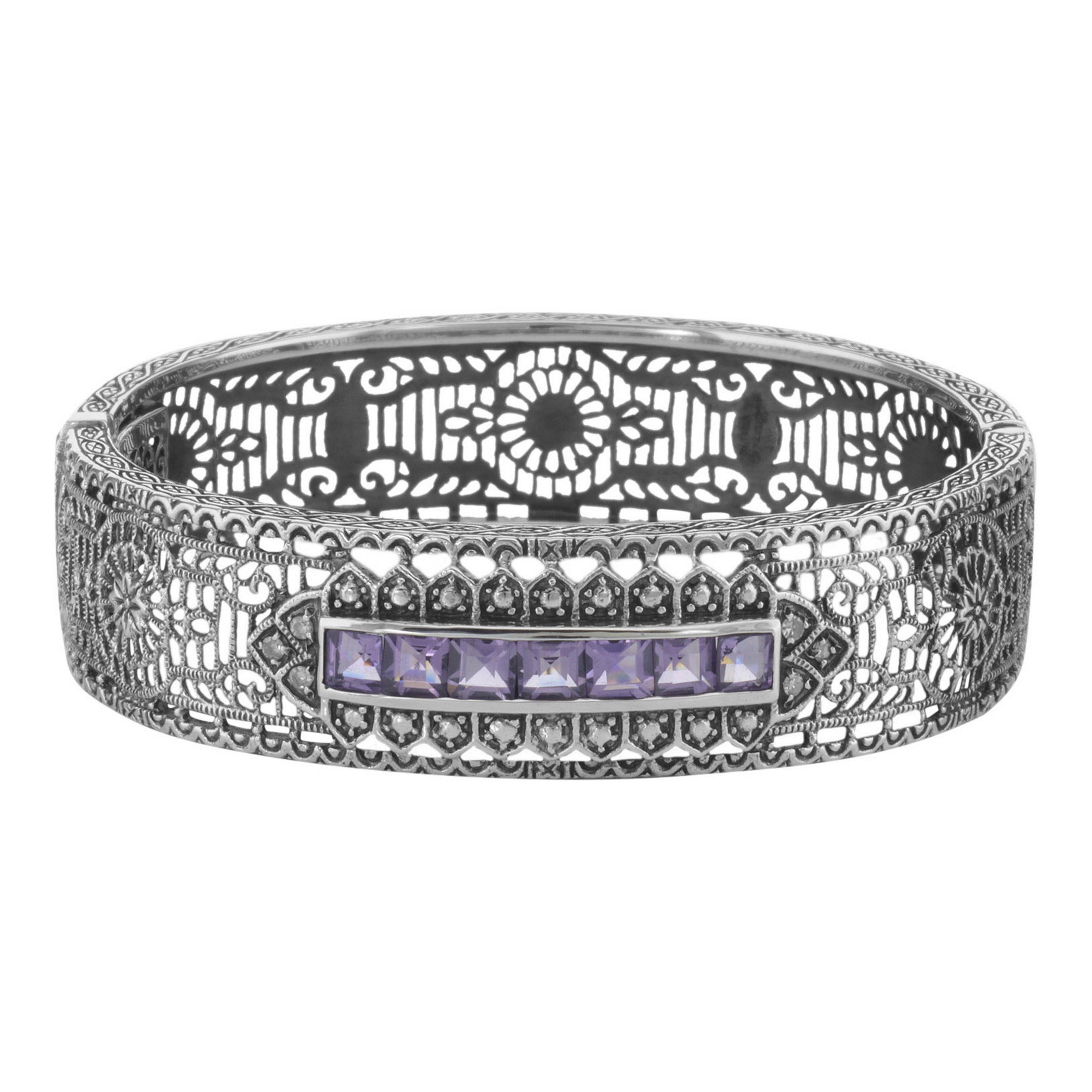 Art Deco style, Amethyst, Diamond, sterling silver bangles, front view