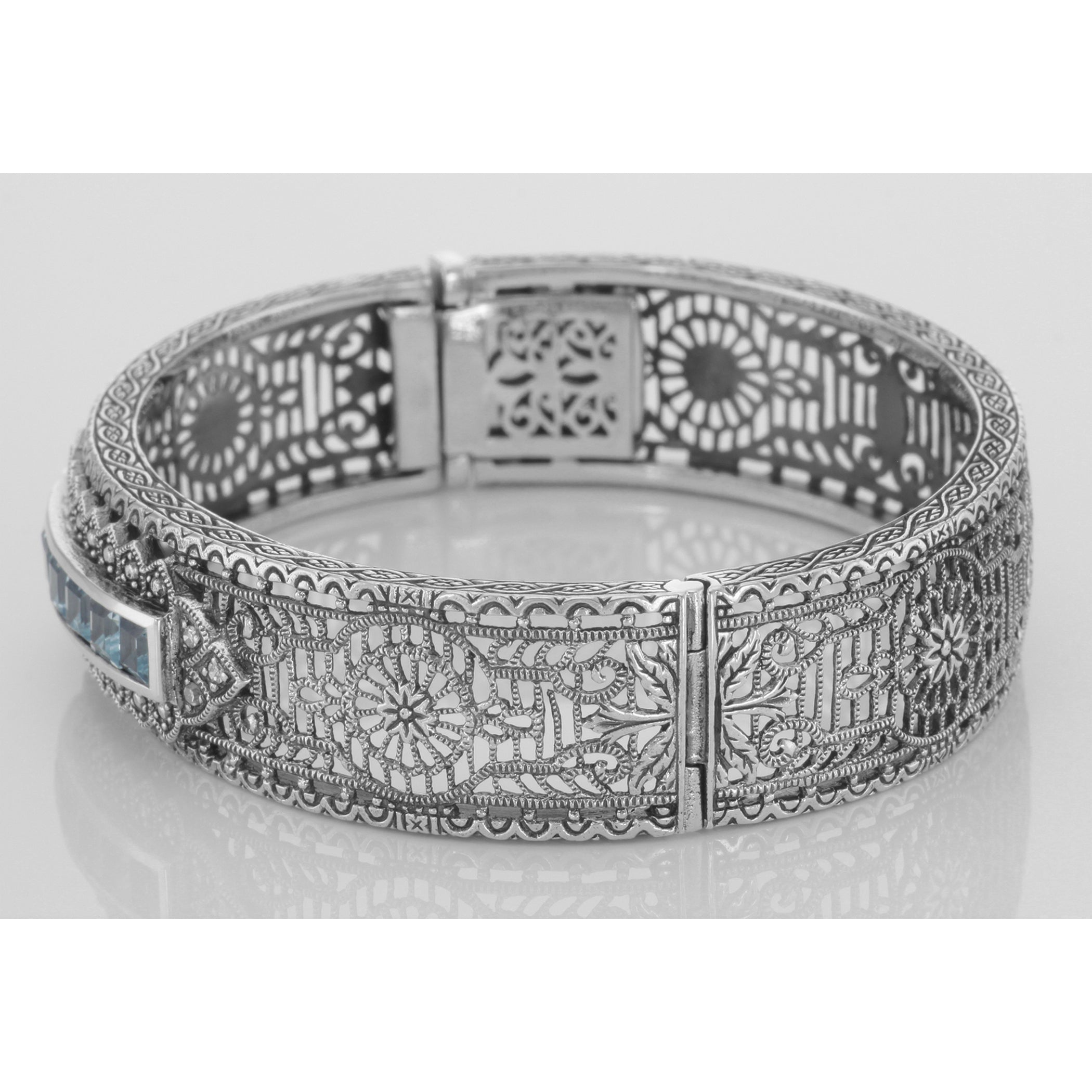 Detail view of Art Deco Style Filigree Bangle Bracelet w/ Blue Topaz Diamond Sterling Silver highlighting Blue Topaz, Diamond