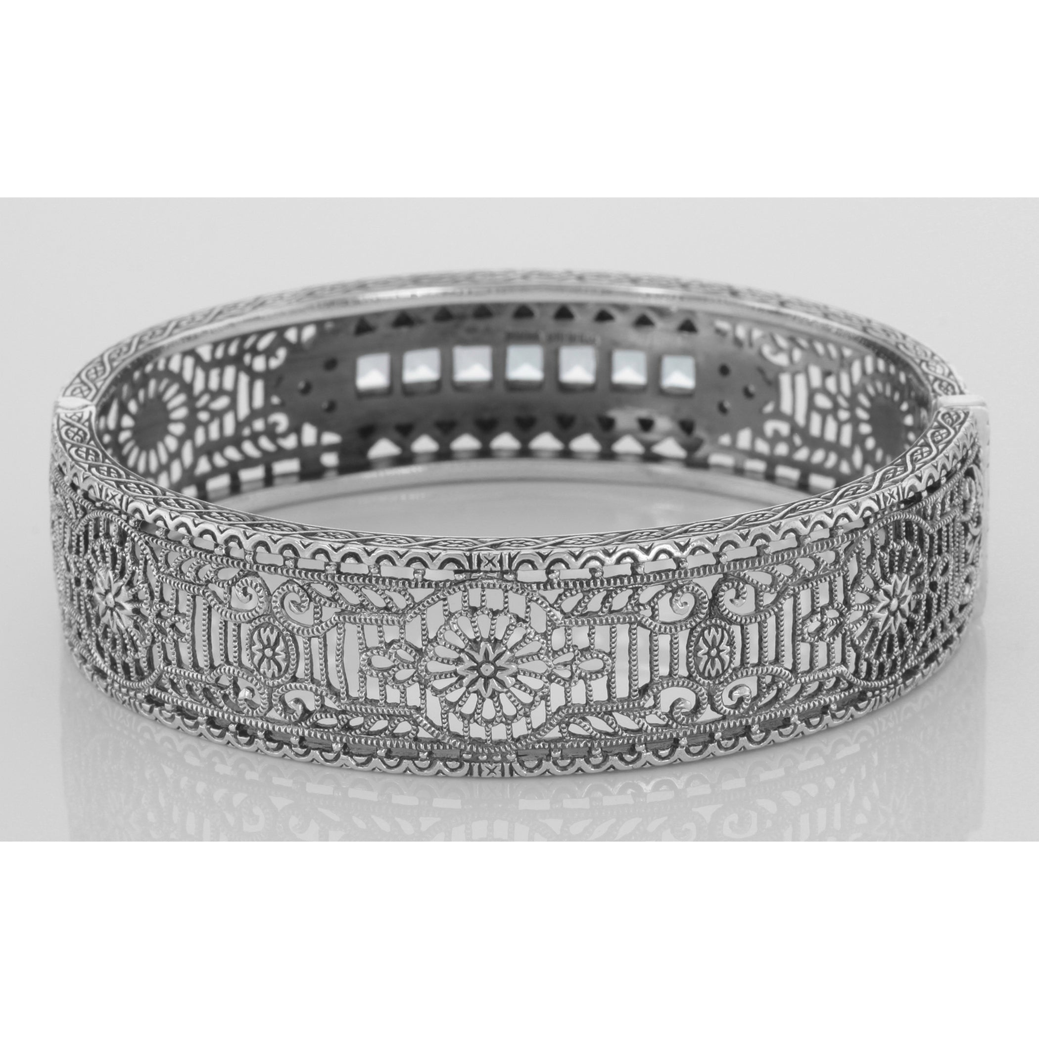 Detail view of Art Deco Style Filigree Bangle Bracelet w/ Blue Topaz Diamond Sterling Silver highlighting Blue Topaz, Diamond
