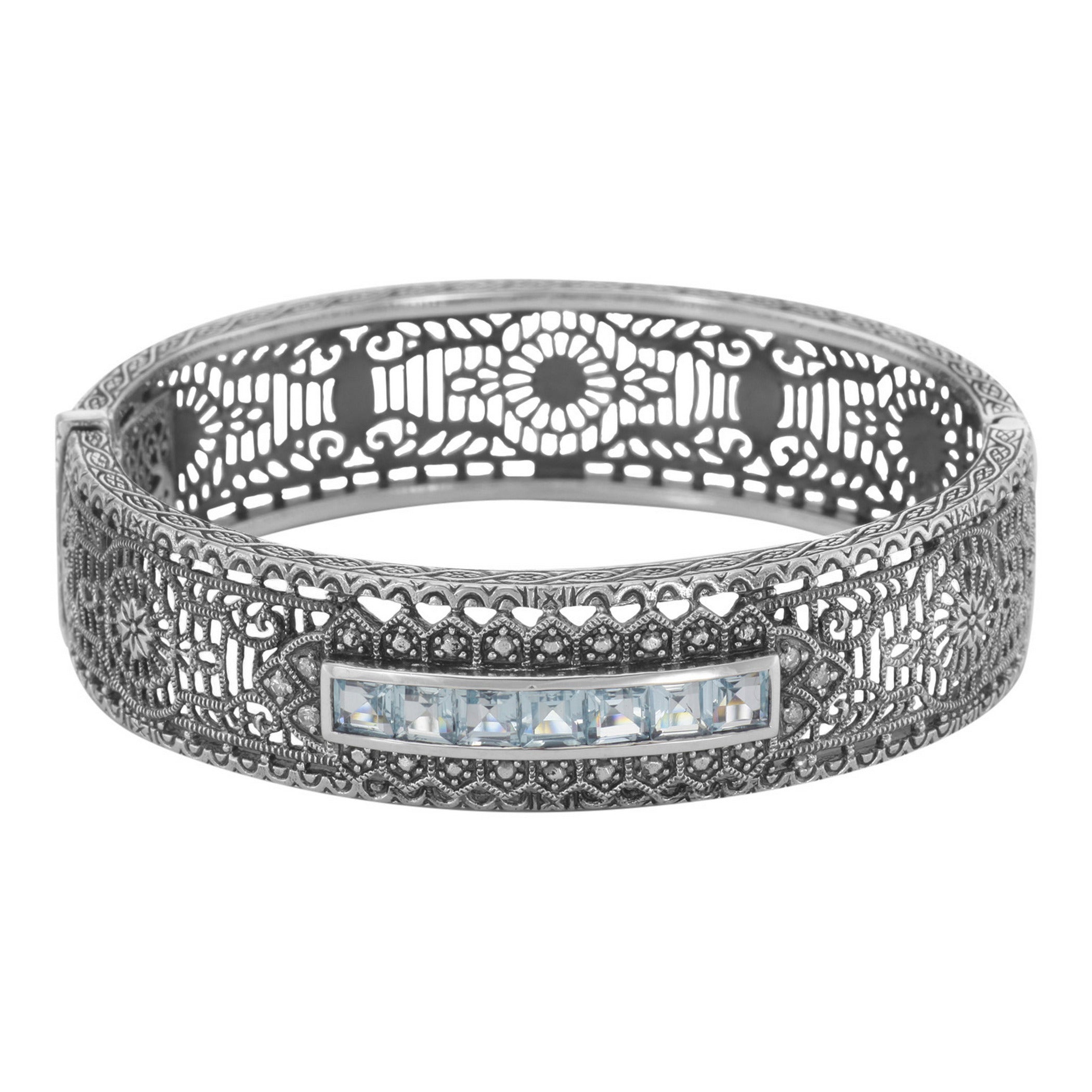 Art Deco style, Blue Topaz, Diamond, sterling silver bangles, front view