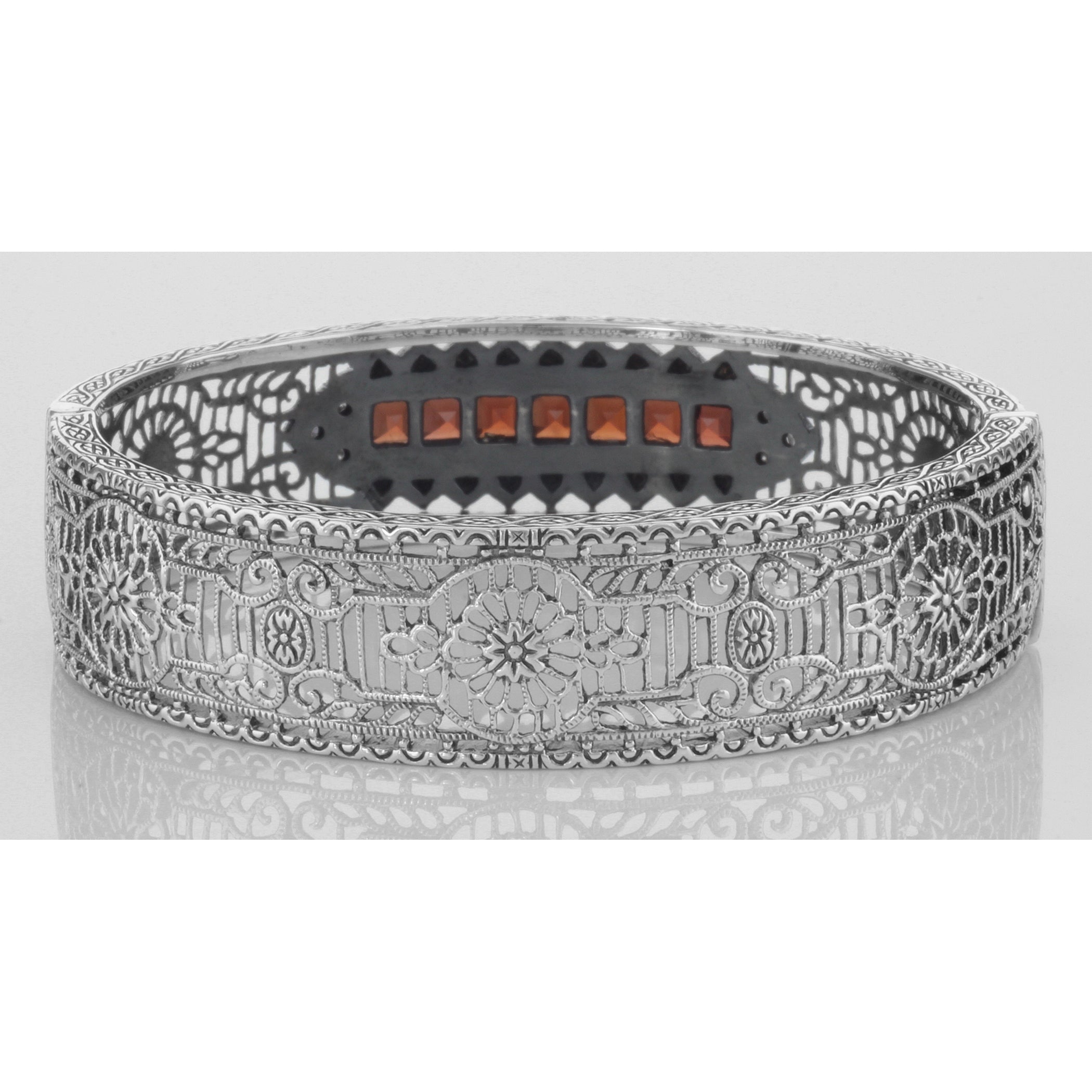 Detail view of Art Deco Style Red Garnet and Diamond Filigree Bangle Bracelet Sterling Silver highlighting Garnet, Diamond