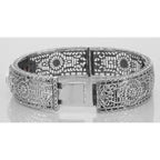 Back view of Art Deco Style Red Garnet and Diamond Filigree Bangle Bracelet Sterling Silver showing 925 sterling silver hallm