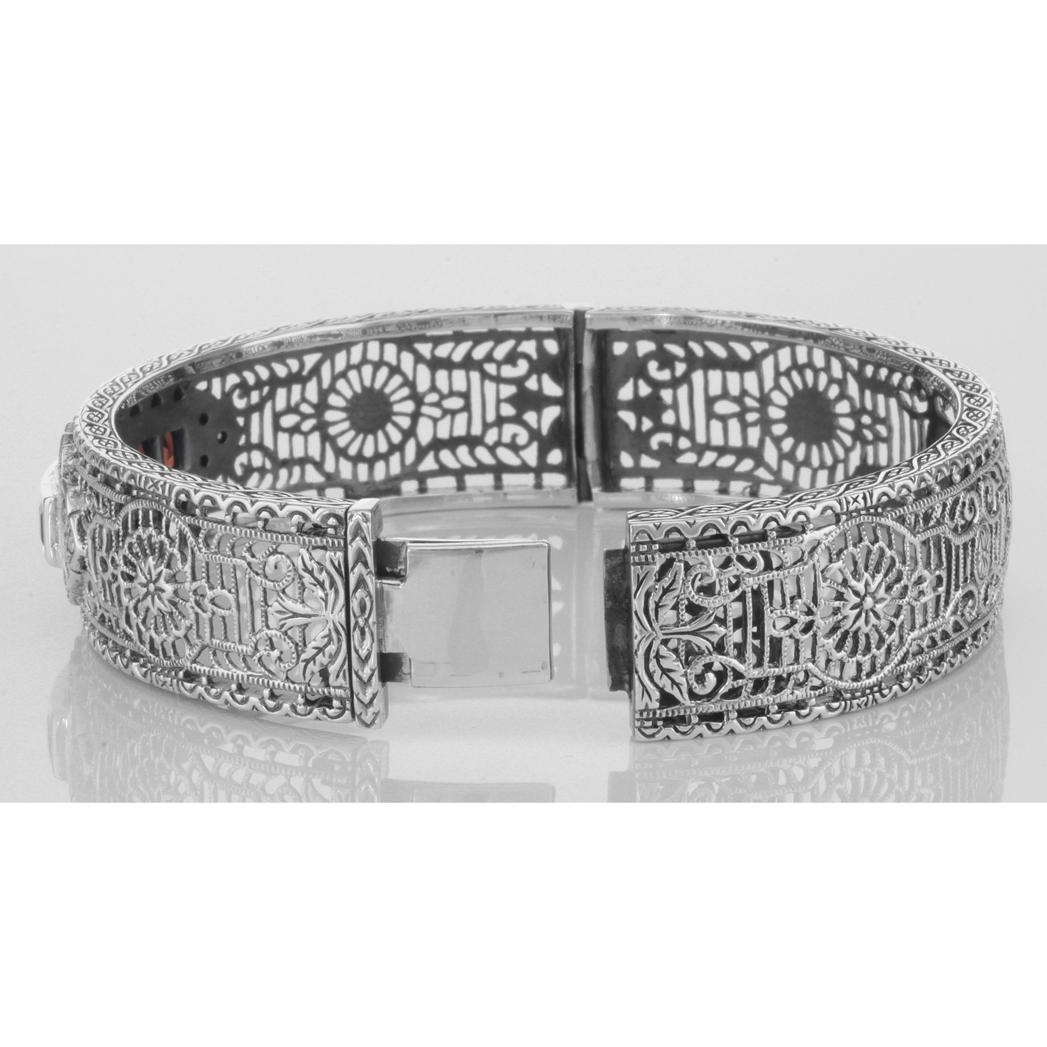 Back view of Art Deco Style Red Garnet and Diamond Filigree Bangle Bracelet Sterling Silver showing 925 sterling silver hallm