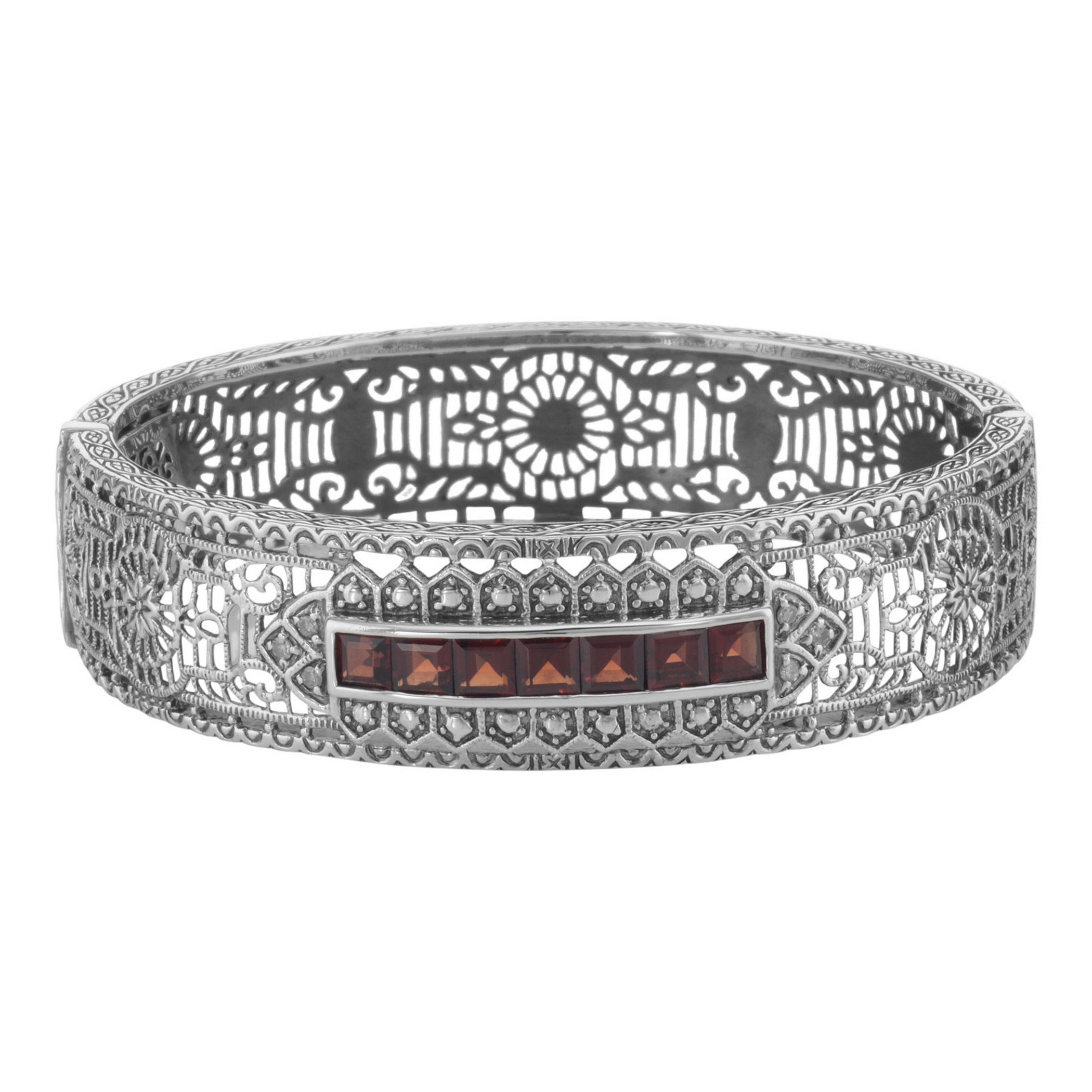 Art Deco style, Garnet, Diamond, sterling silver bangles, front view