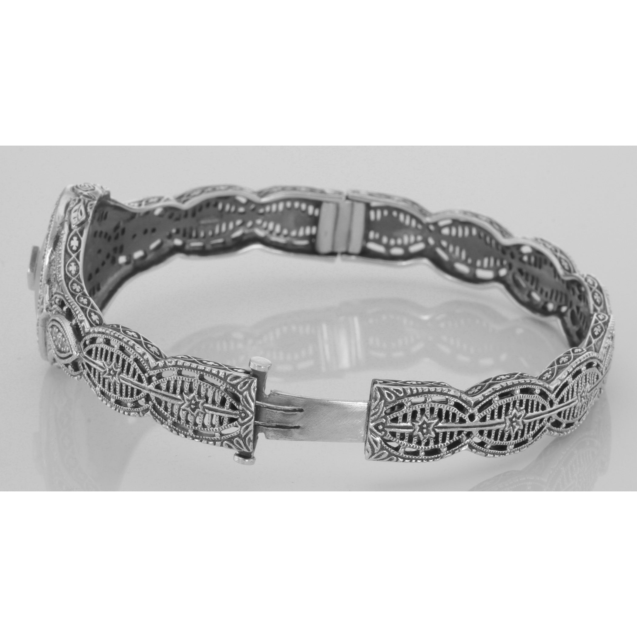 Detail view of Art Deco Style Camphor Glass Crystal / Diamond Bangle Bracelet highlighting Diamond, Crystal