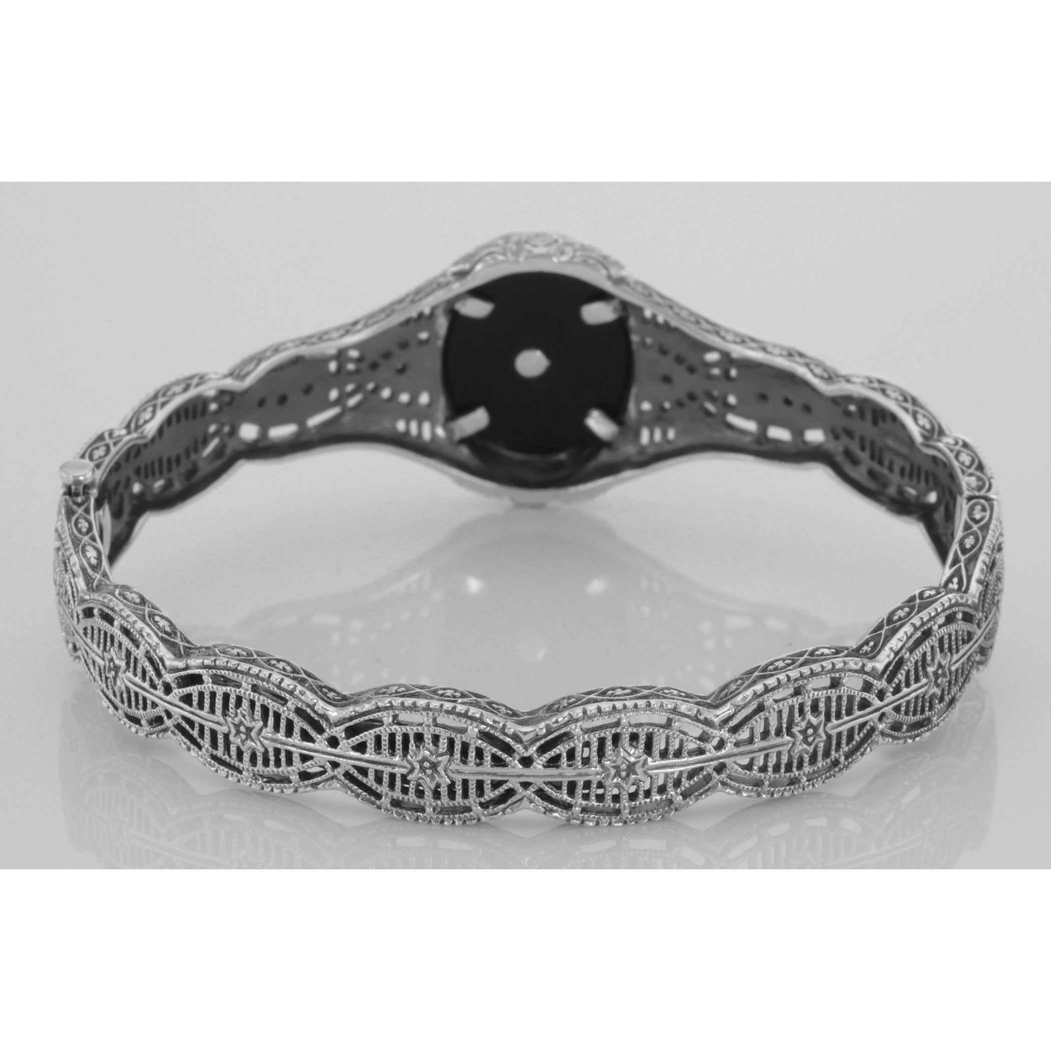 Back view of Victorian Style Filigree Black Onyx / Diamond Bangle Bracelet showing 925 sterling silver hallmark and toggle or