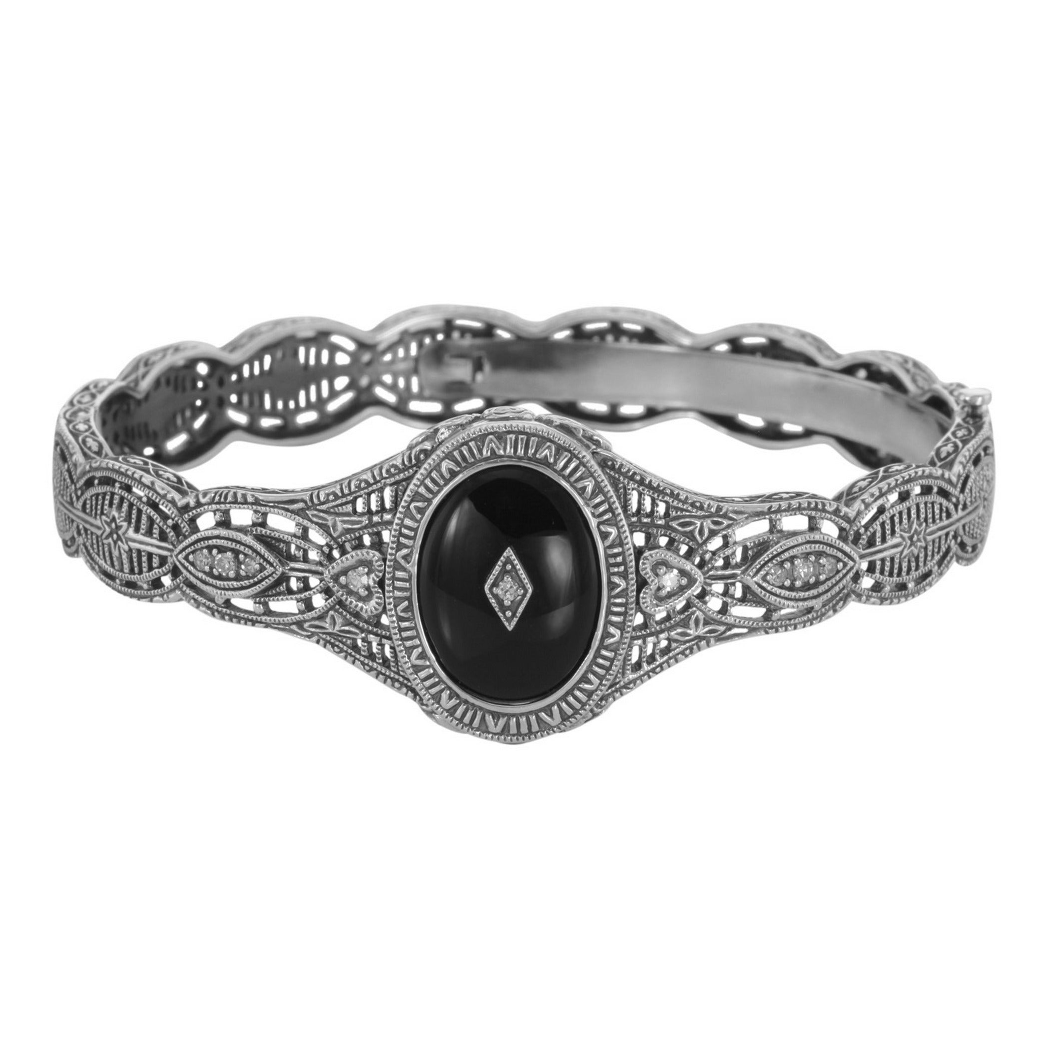 Victorian style, Diamond, Black Onyx, sterling silver bangles, front view
