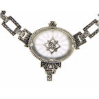 Victorian style, Diamond, Camphor Glass, sterling silver chains, front view