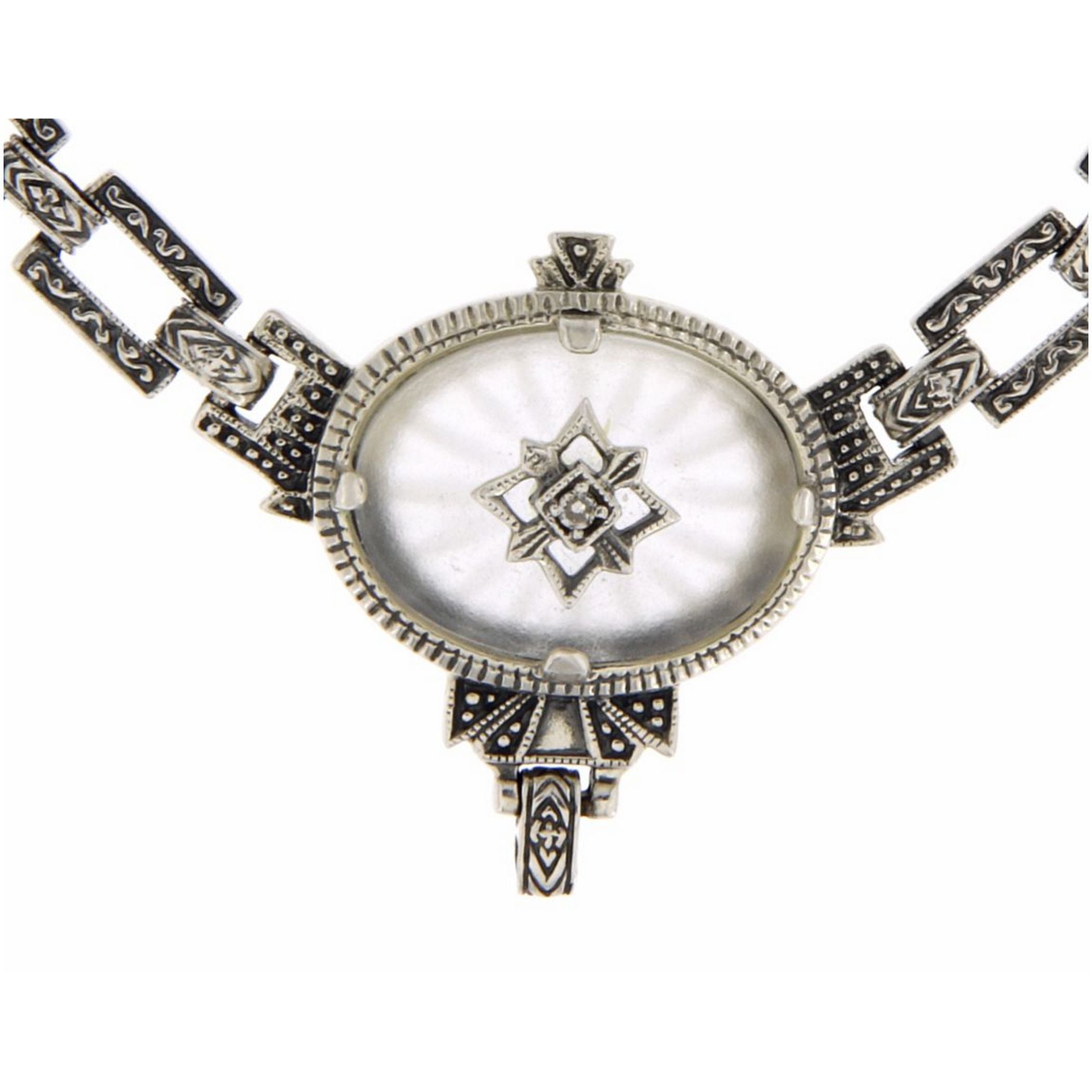 Victorian style, Diamond, Camphor Glass, sterling silver chains, front view