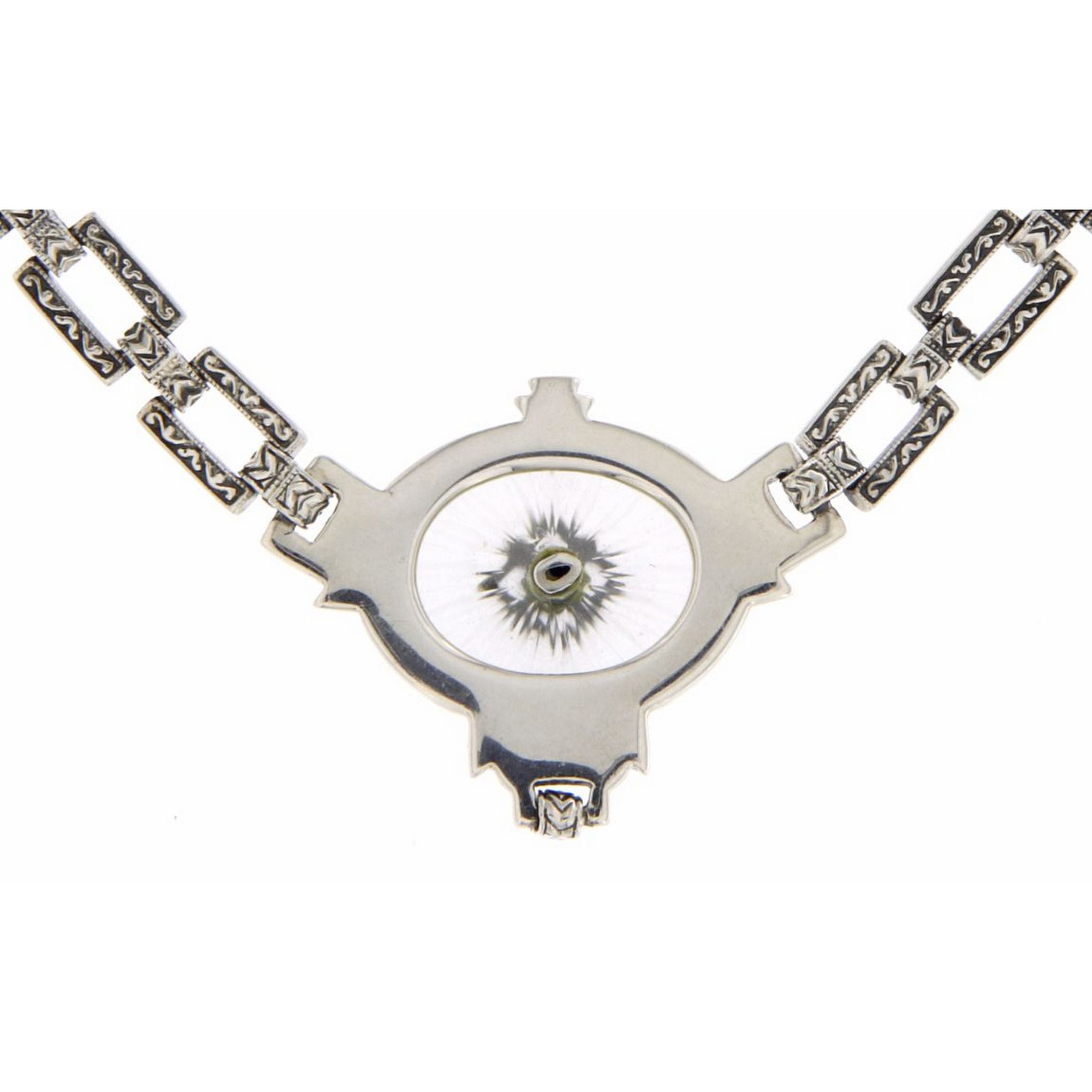 Back view of Custom Victorian Style Camphor Glass Diamond Chain - 18 inches showing 925 sterling silver hallmark and spring r