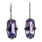 Sterling silver amethyst earrings, large faceted rectangular cushion stone in ornate claw filigree setting, French wire hooks