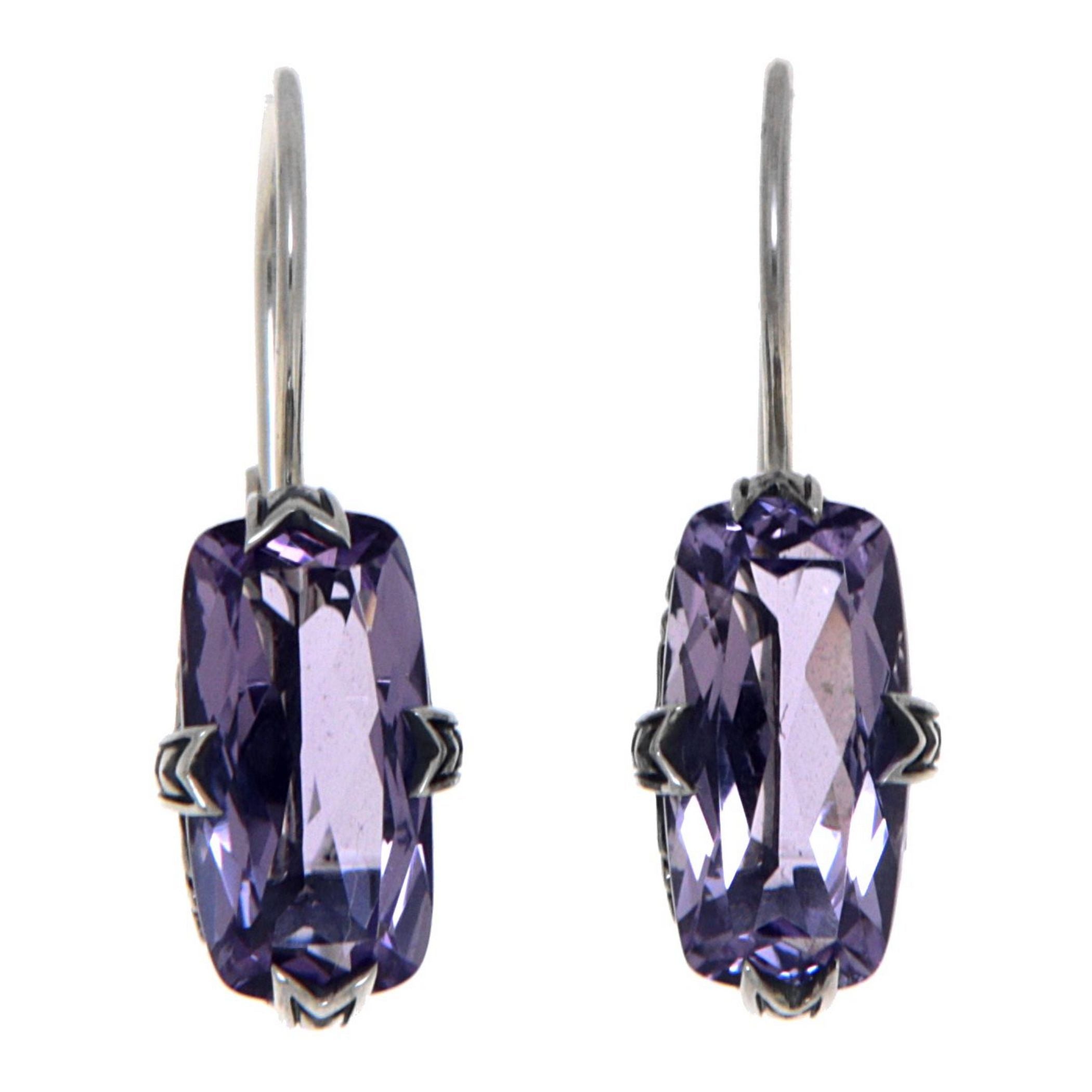 Sterling silver amethyst earrings, large faceted rectangular cushion stone in ornate claw filigree setting, French wire hooks