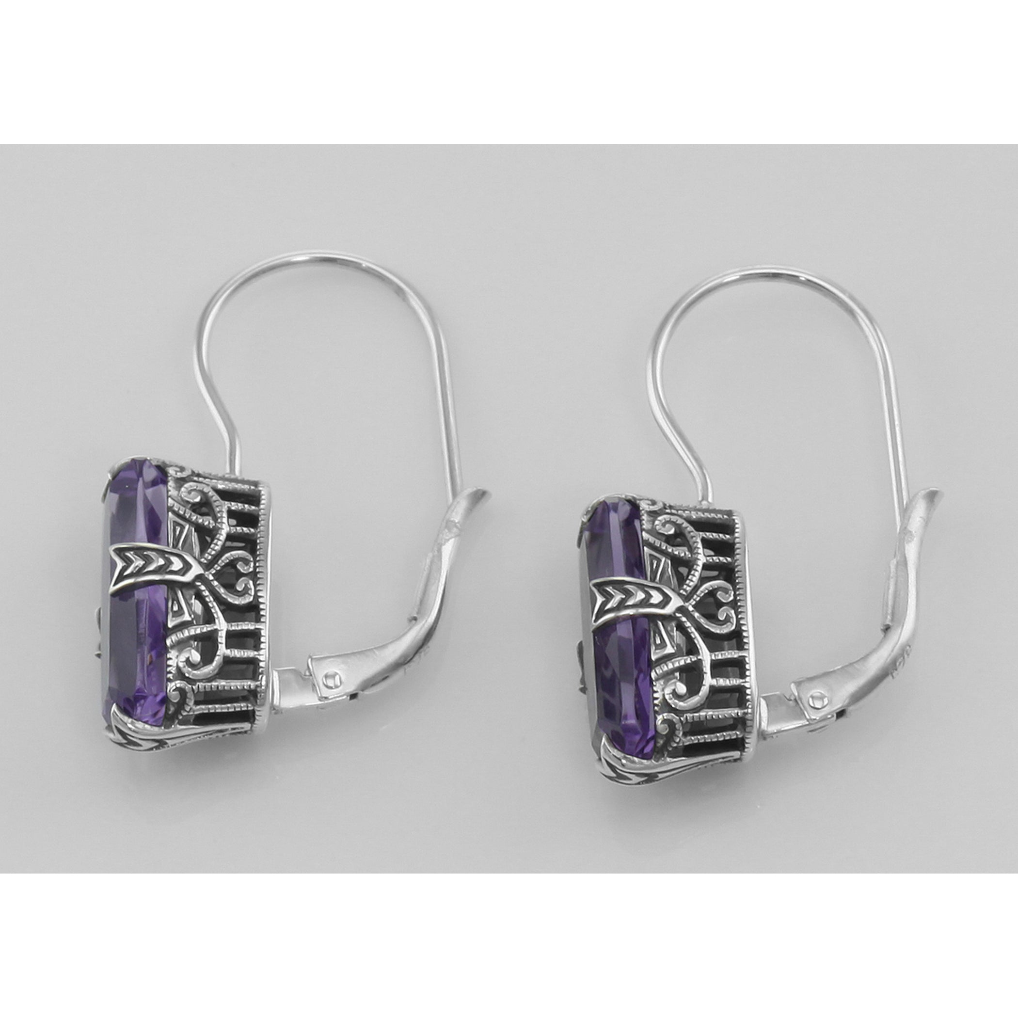 Back view of Amethyst Filigree Earrings showing 925 sterling silver hallmark and French wire hooks