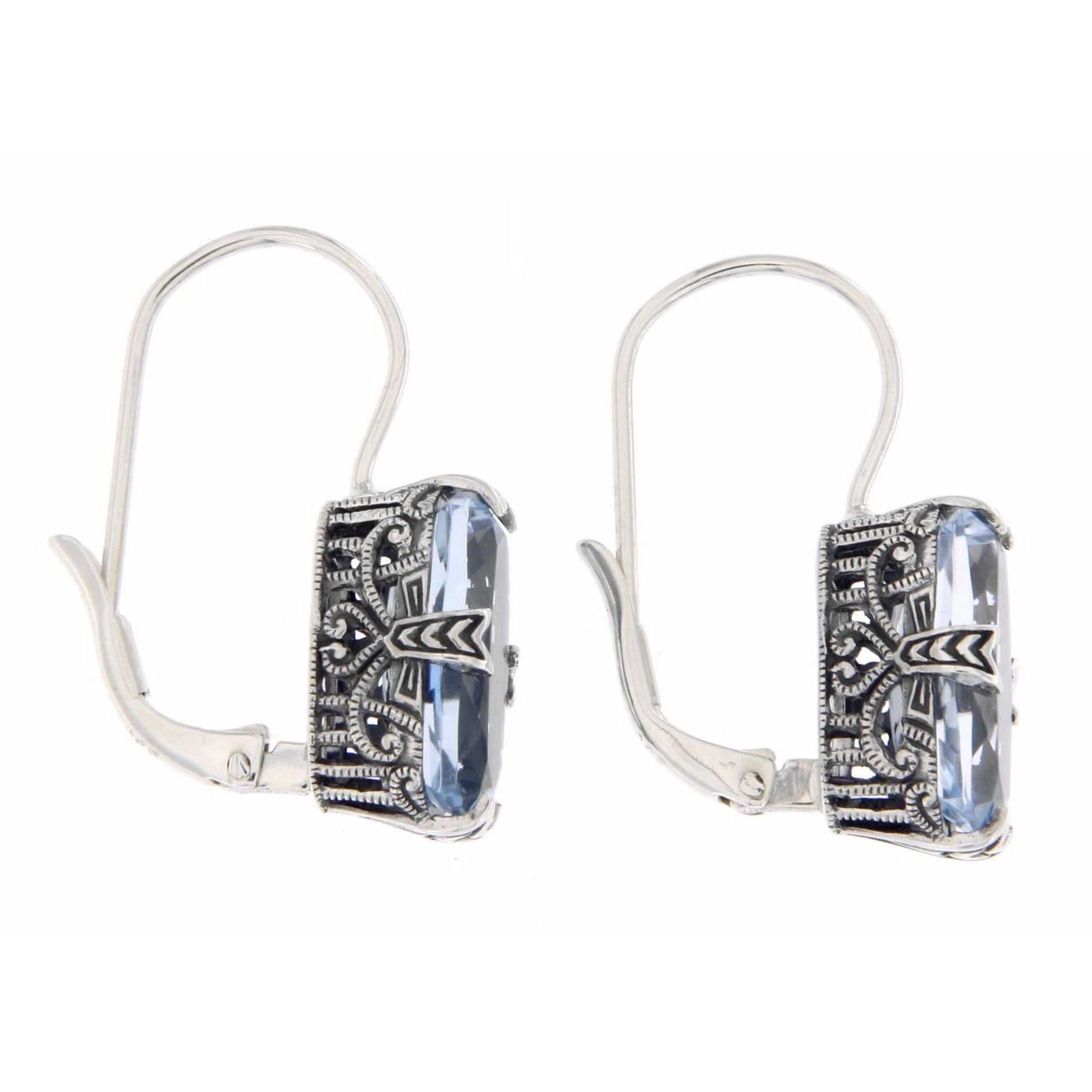 Back view of Blue Topaz Filigree Earrings showing 925 sterling silver hallmark and French wire hooks