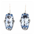 Sterling silver blue topaz earrings, large faceted rectangular cushion stone in claw filigree setting, French wire hooks