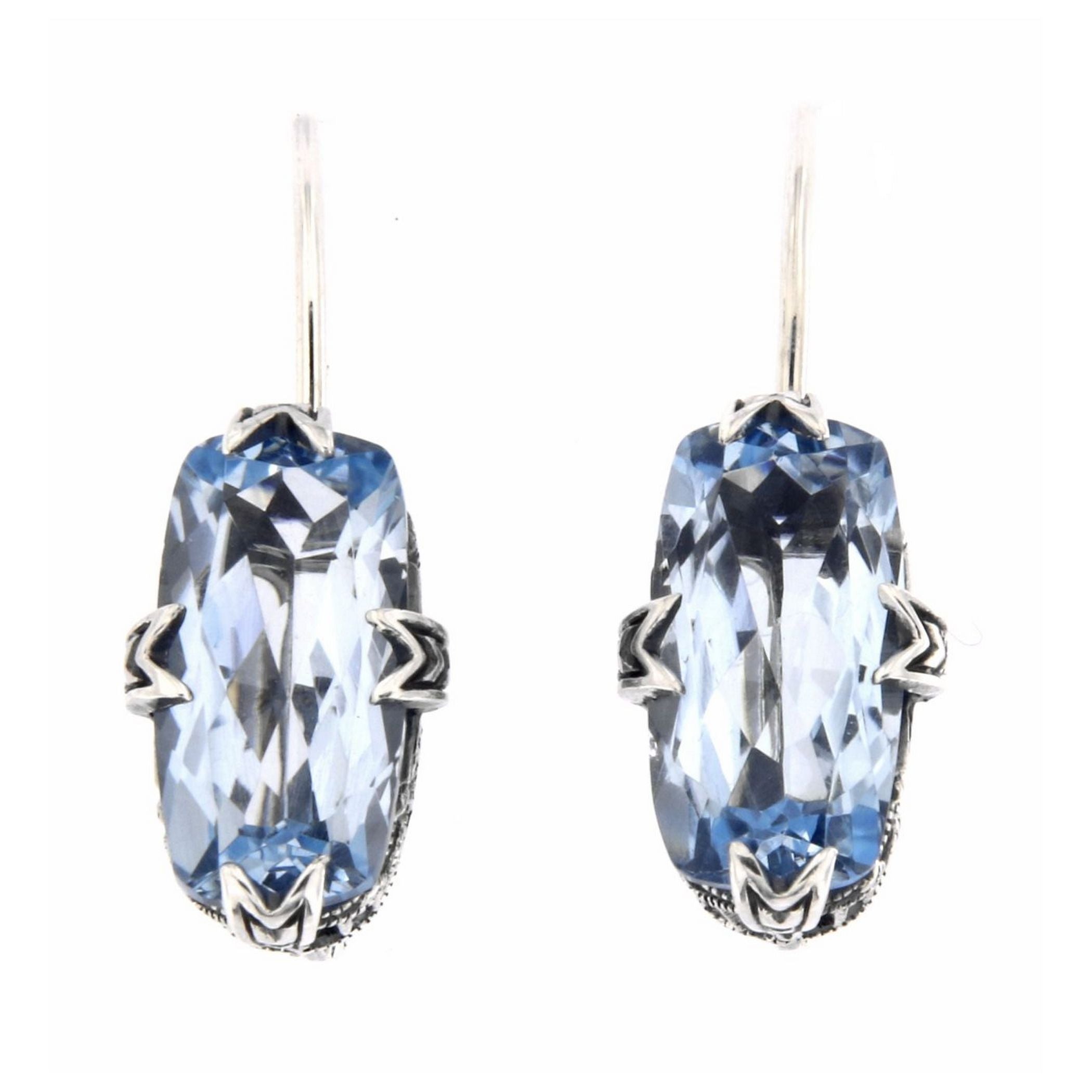 Sterling silver blue topaz earrings, large faceted rectangular cushion stone in claw filigree setting, French wire hooks