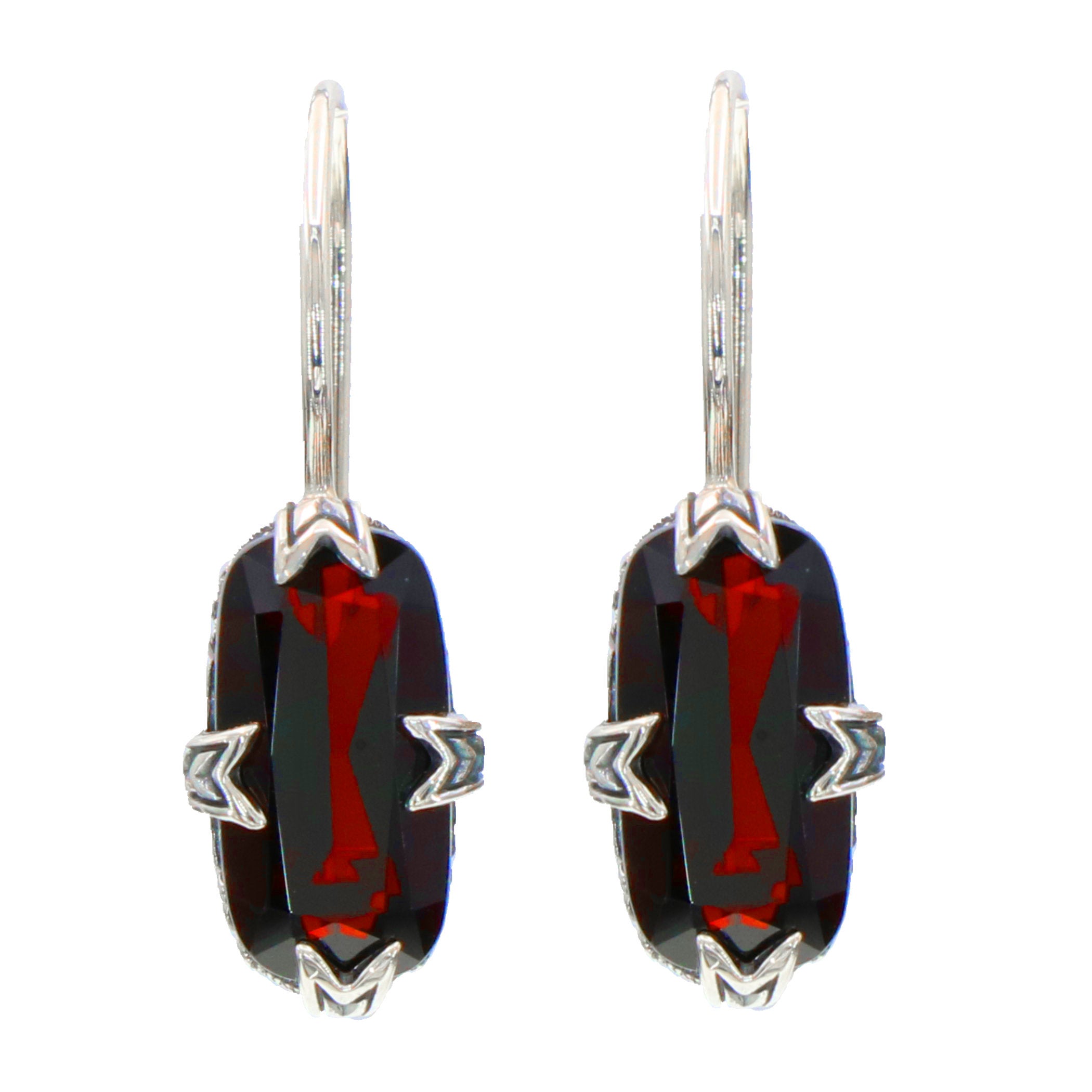 Sterling silver garnet earrings, large faceted rectangular deep red cushion stone in ornate claw filigree setting, lever-back