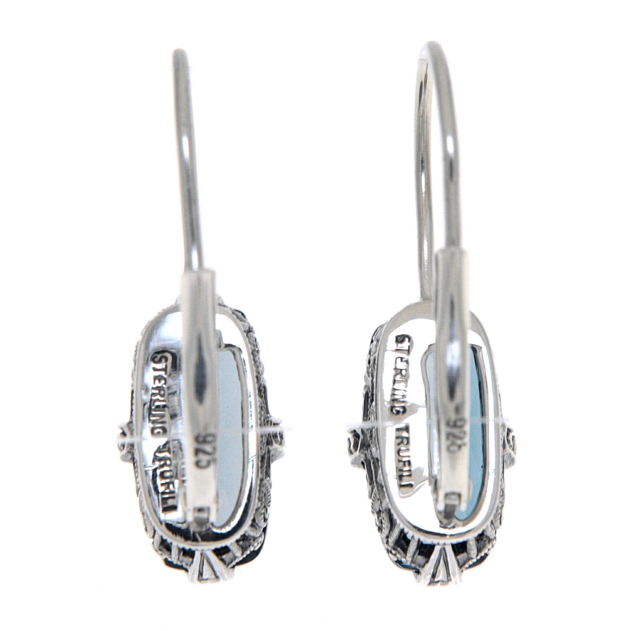 Back view of London Blue Topaz Filigree Earrings showing 925 sterling silver hallmark and French wire hooks