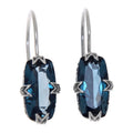 Sterling silver London blue topaz earrings, large faceted dark blue cushion stone in claw filigree setting, French wire hooks