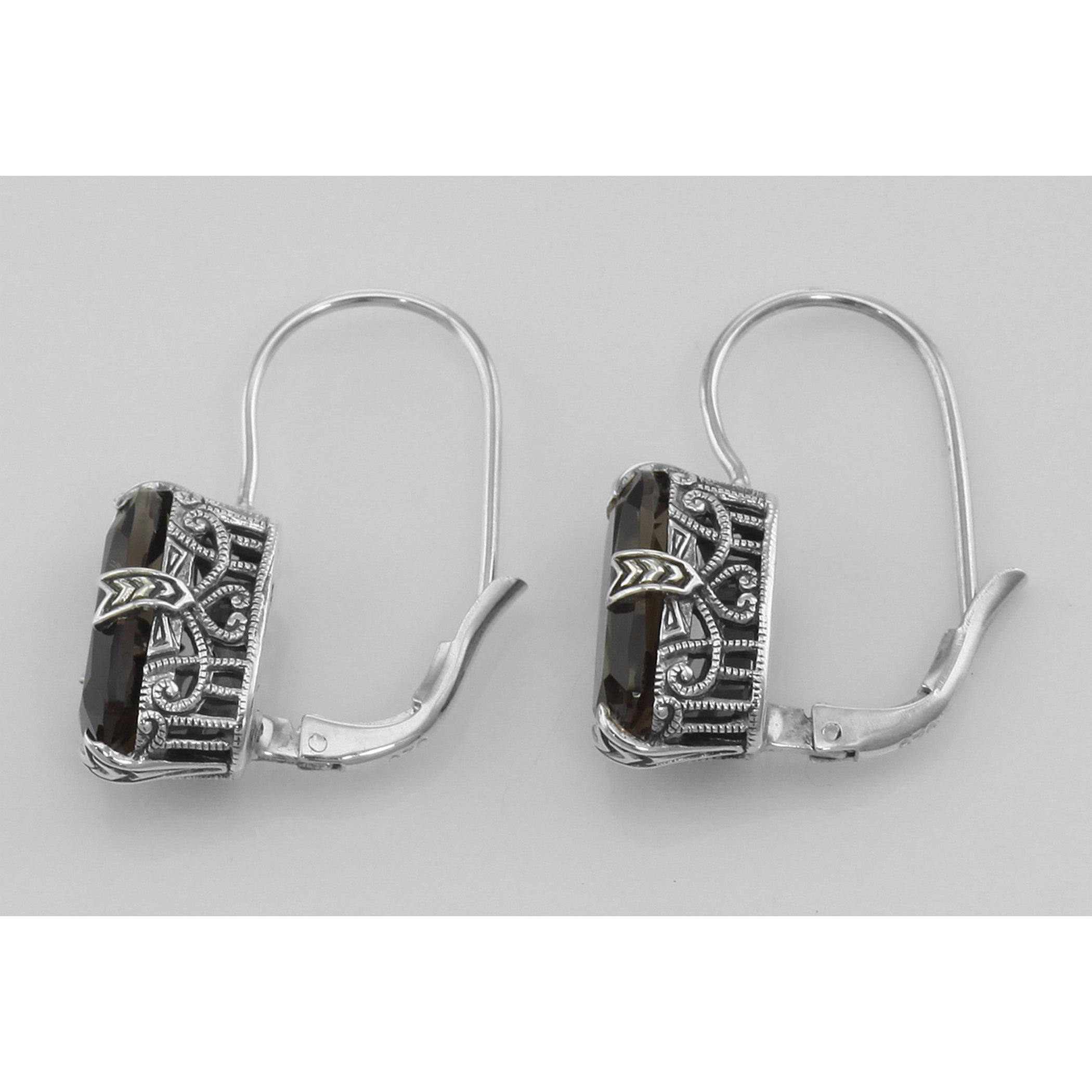 Back view of Smoky Topaz Filigree Earrings showing 925 sterling silver hallmark and French wire hooks