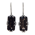 Sterling silver smoky topaz earrings, large dark faceted rectangular stone in ornate claw setting, French wire hooks