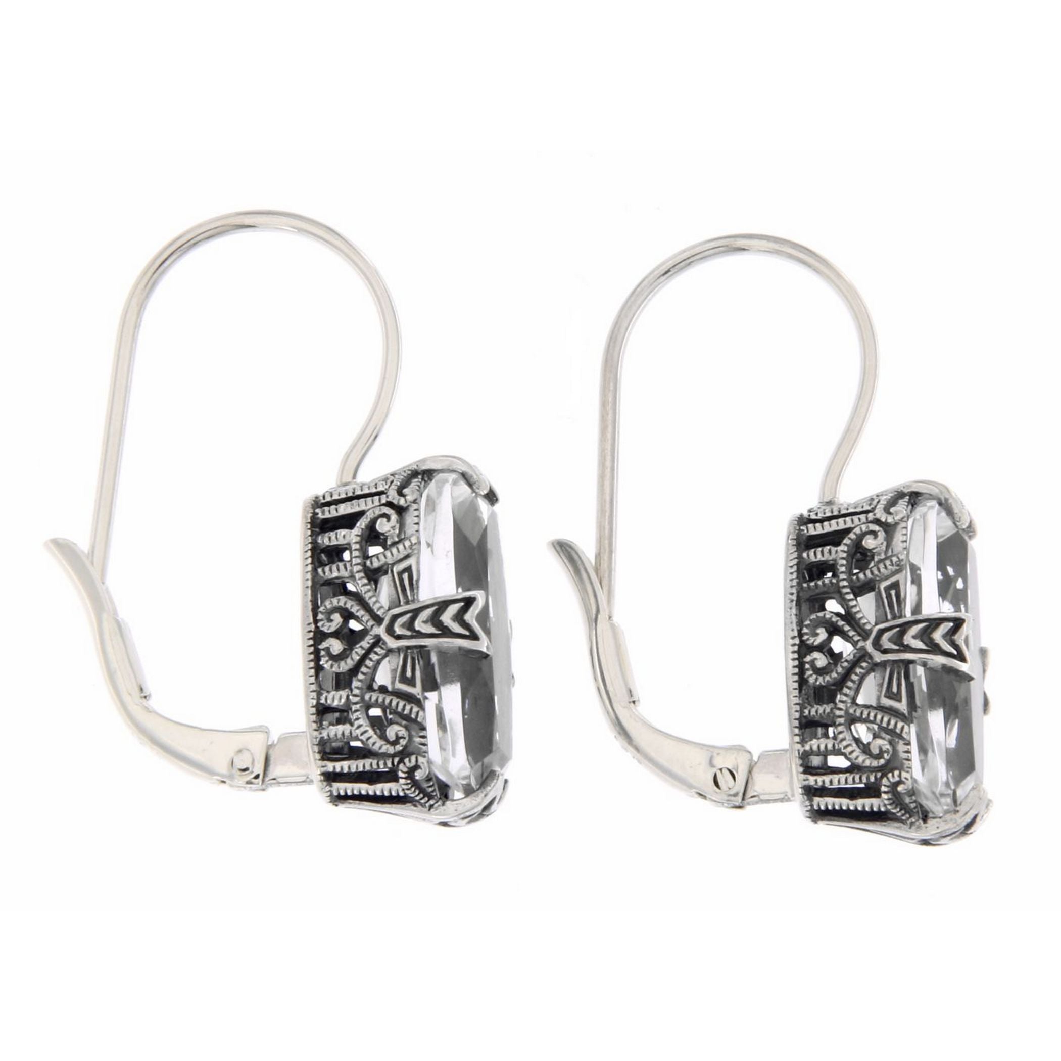 Back view of White Topaz Filigree Earrings showing 925 sterling silver hallmark and French wire hooks